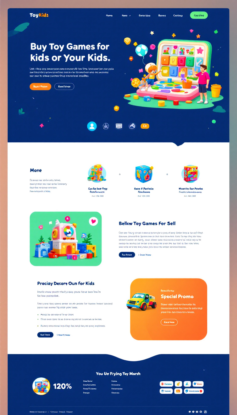 Design a one-page landing website to showcase and sell toy games for kids, featuring bright colors, engaging visuals, and clear calls to action. Include sections for product highlights, customer reviews, and special promotions.