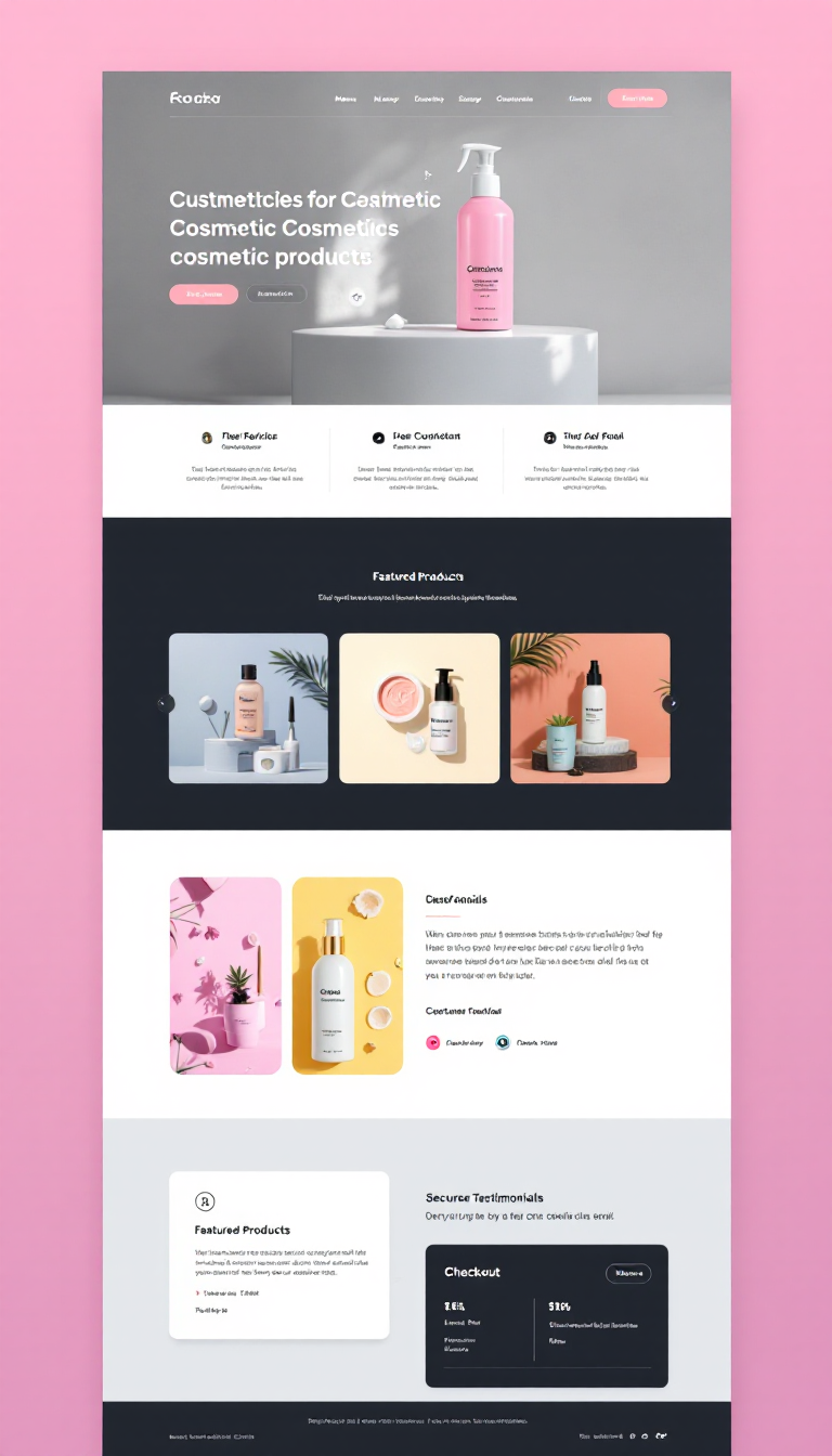 Create a simple and clean one-page website for selling cosmetic products online, featuring a modern design, vibrant product images, and easy navigation. Include sections for featured products, customer testimonials, and a secure checkout process.
