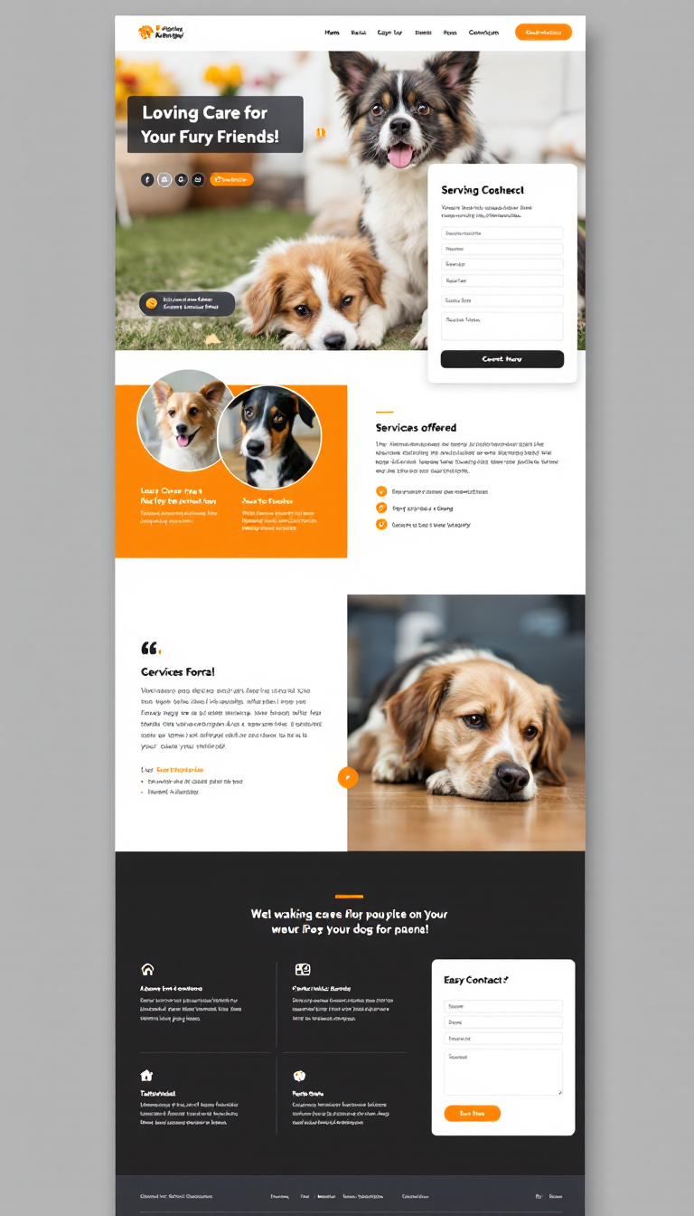 Design a one-page, professional website for a dog walking and pet sitting service based in Columbus, GA. It should feature a welcoming headline like "Loving Care for Your Furry Friends!", sections for services offered, testimonials, and an easy contact form, all in a clean, modern layout optimized for user conversions.