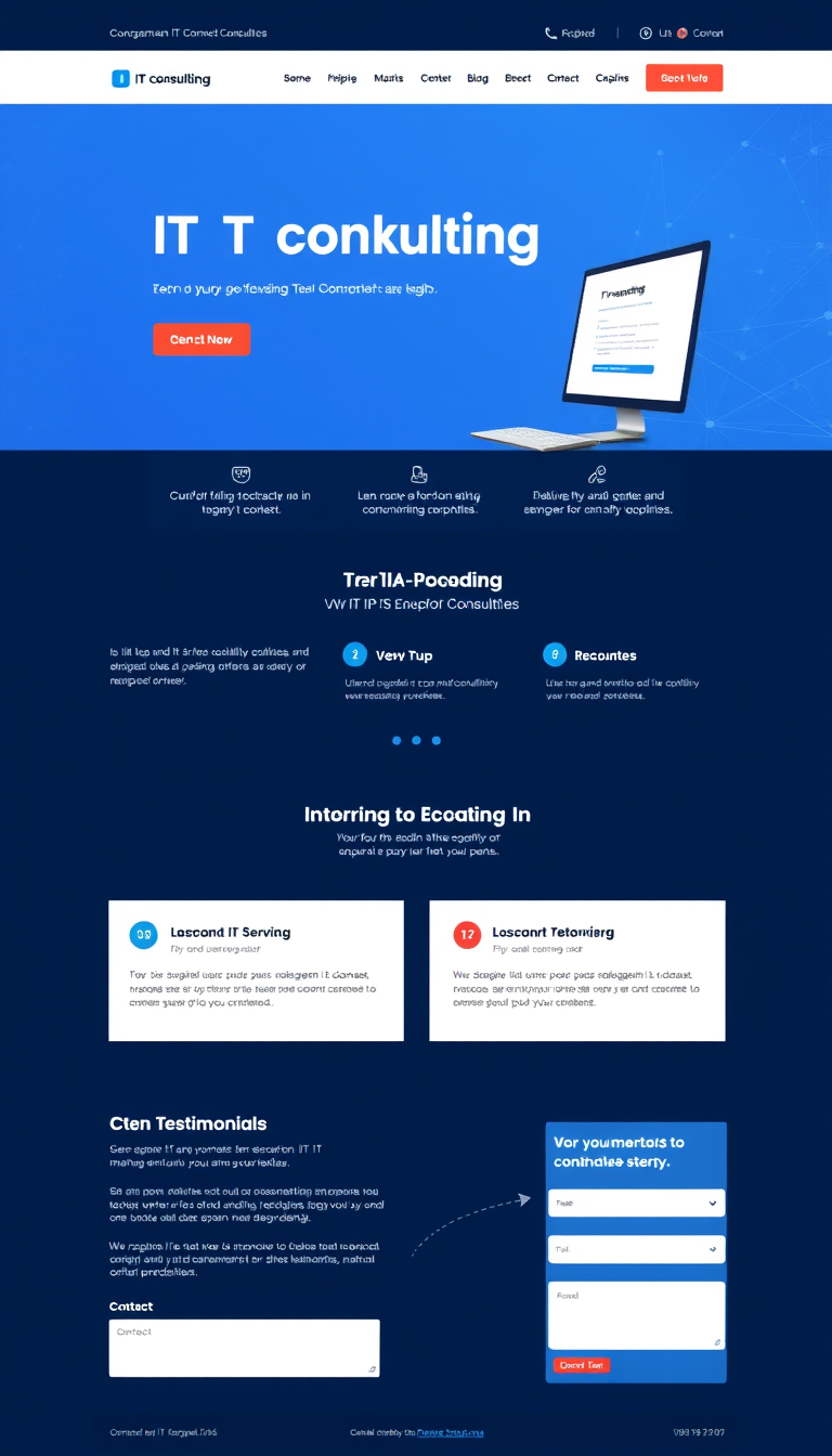 Design a professional website for an IT consulting business, featuring a sleek layout, service offerings, client testimonials, and a contact form. The color scheme should be modern and tech-savvy, appealing to potential clients.