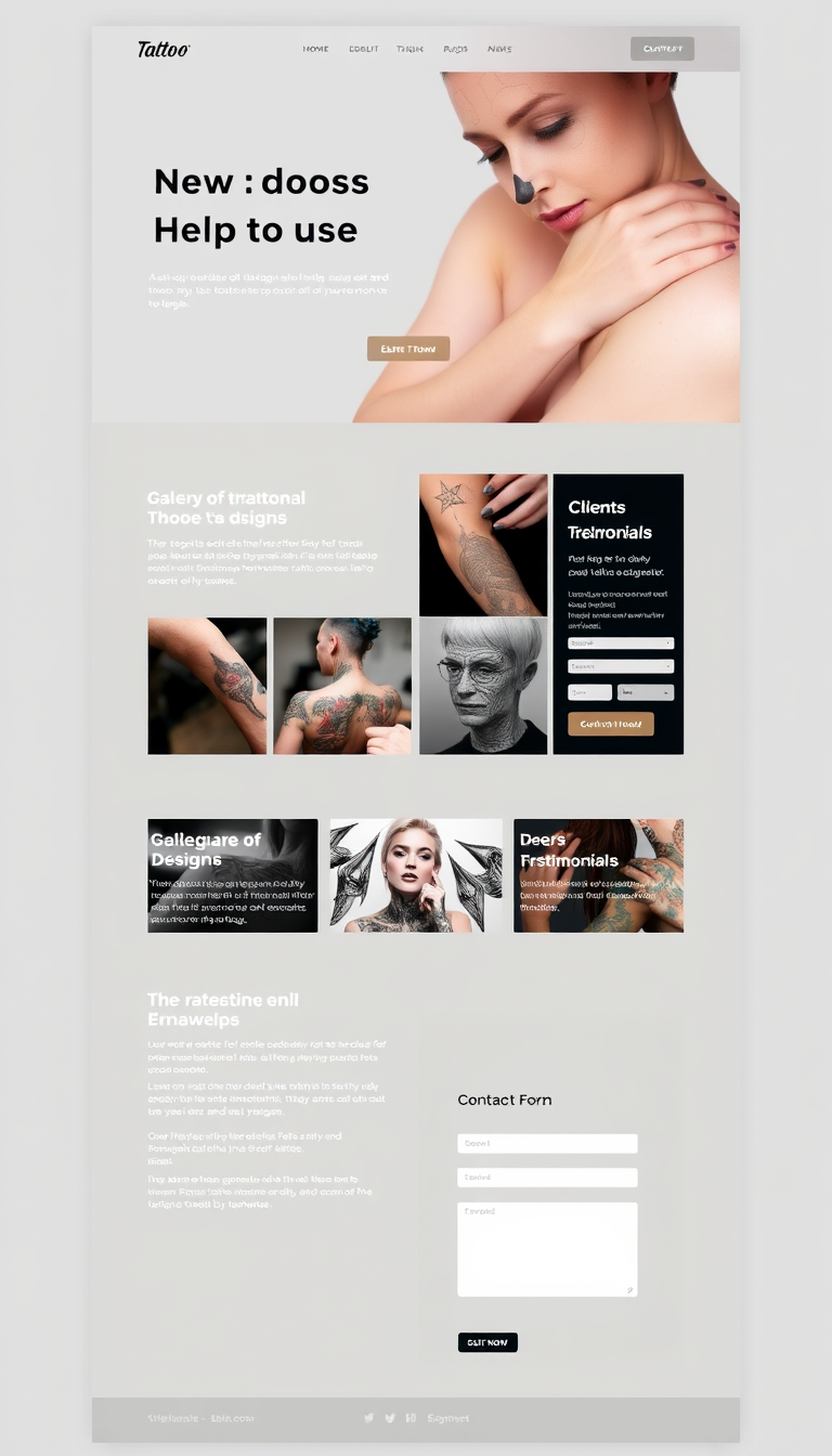 Design a clean, one-page website showcasing my tattoo services, featuring a gallery of designs, client testimonials, and a contact form. Focus on a modern aesthetic with easy navigation.