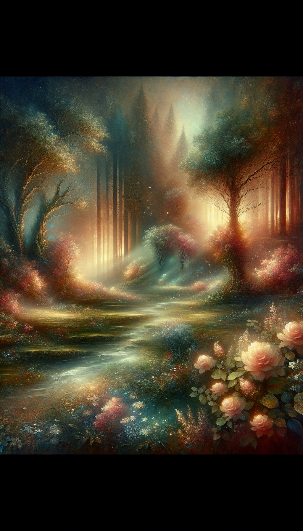 An enchanting scene featuring a mystical forest with delicate details, soft lighting, and ethereal elements like glowing flowers and gentle mist. The atmosphere should evoke a sense of wonder and fantasy, reminiscent of renaissance art styles. Include elements that suggest elegance and a dreamlike quality.