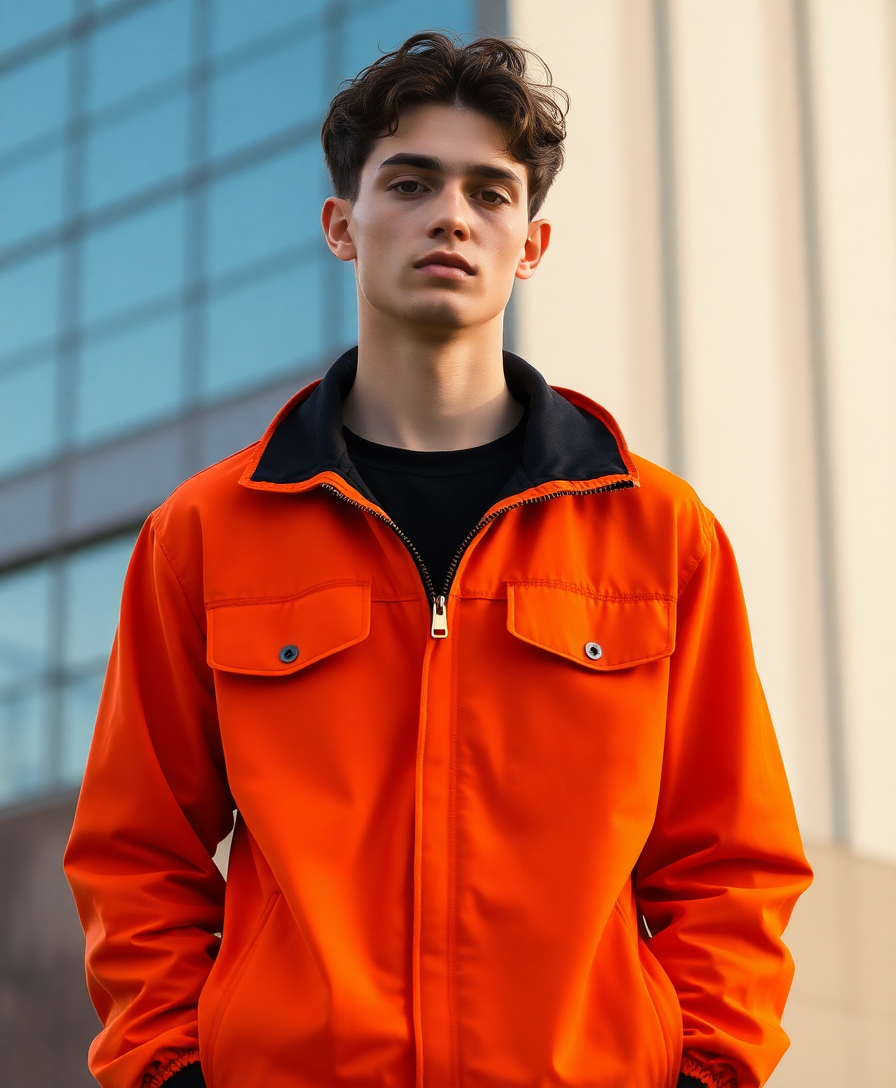 model wearing an orange zip-up jacket from paddock project's urban collection