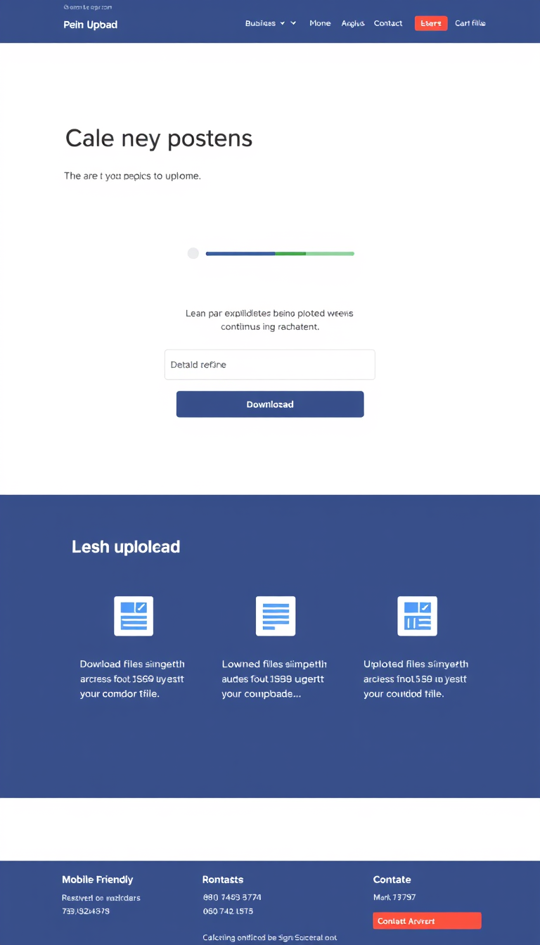 Design a clean, user-friendly single-page website featuring a file upload section with a progress bar, a download area for uploaded files with detailed views, and an informative header and footer with contact information. The site should be mobile-friendly and include a notification system to confirm successful uploads.
