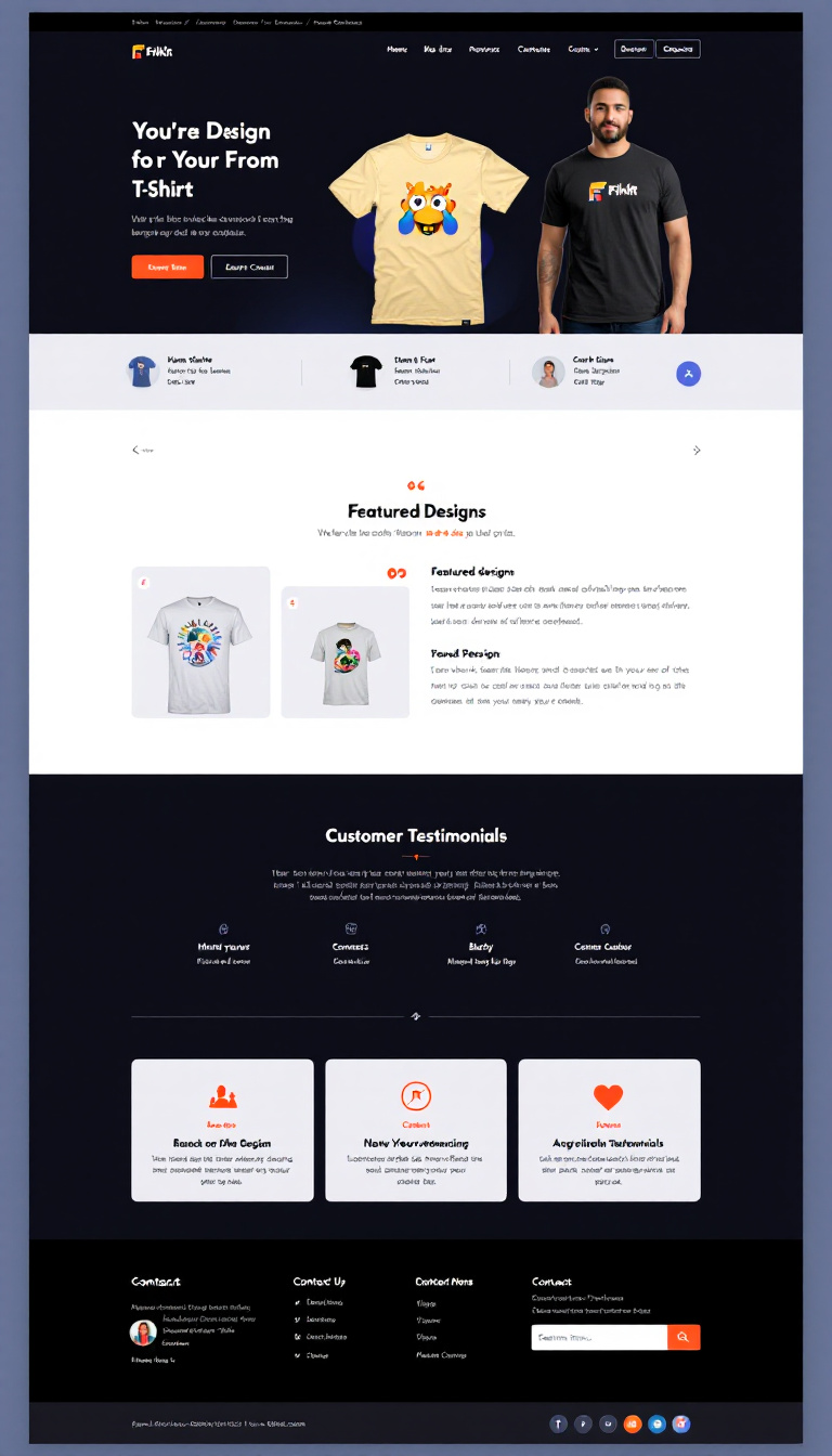 Design a one-page website for a t-shirt business that is attractive and unique, showcasing products effectively with a simple layout and vibrant visuals. Include sections for featured designs, customer testimonials, and a contact form.