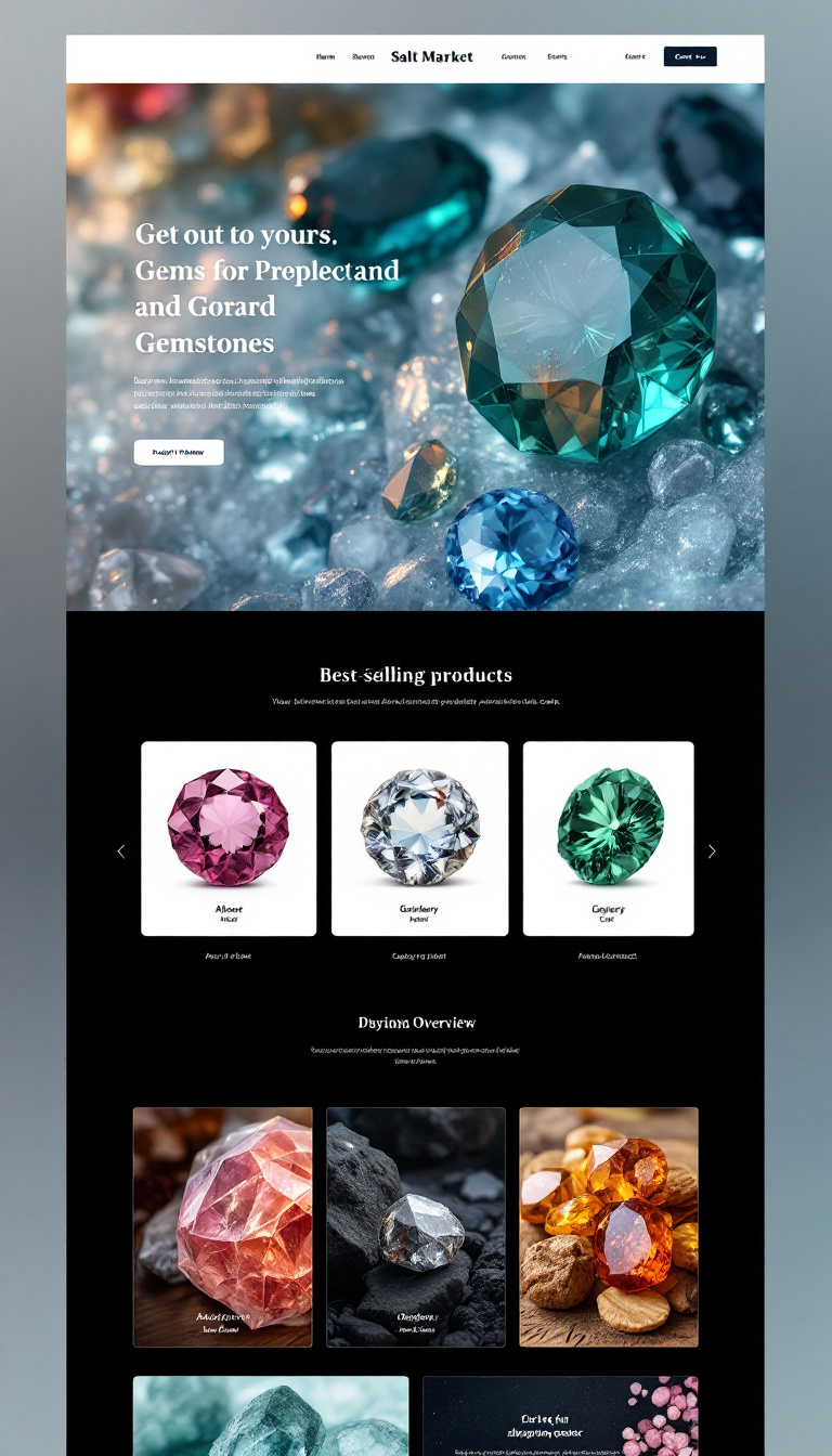 Design a stunning one-page website for "Salt Market," a gemstones business. The homepage should feature a captivating hero section with a full-width gemstone background, a navigation bar, and a section showcasing best-selling products with hover effects. Include sections for an about overview, a gallery of gemstone images, and a dynamic shopping cart. Ensure a cohesive gem-inspired color palette and responsive design while utilizing clean animations and essential contact features.