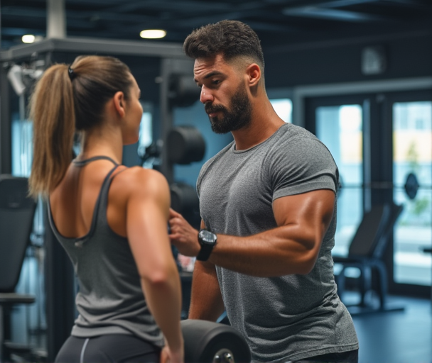 Professional personal trainer working with client in modern gym setting