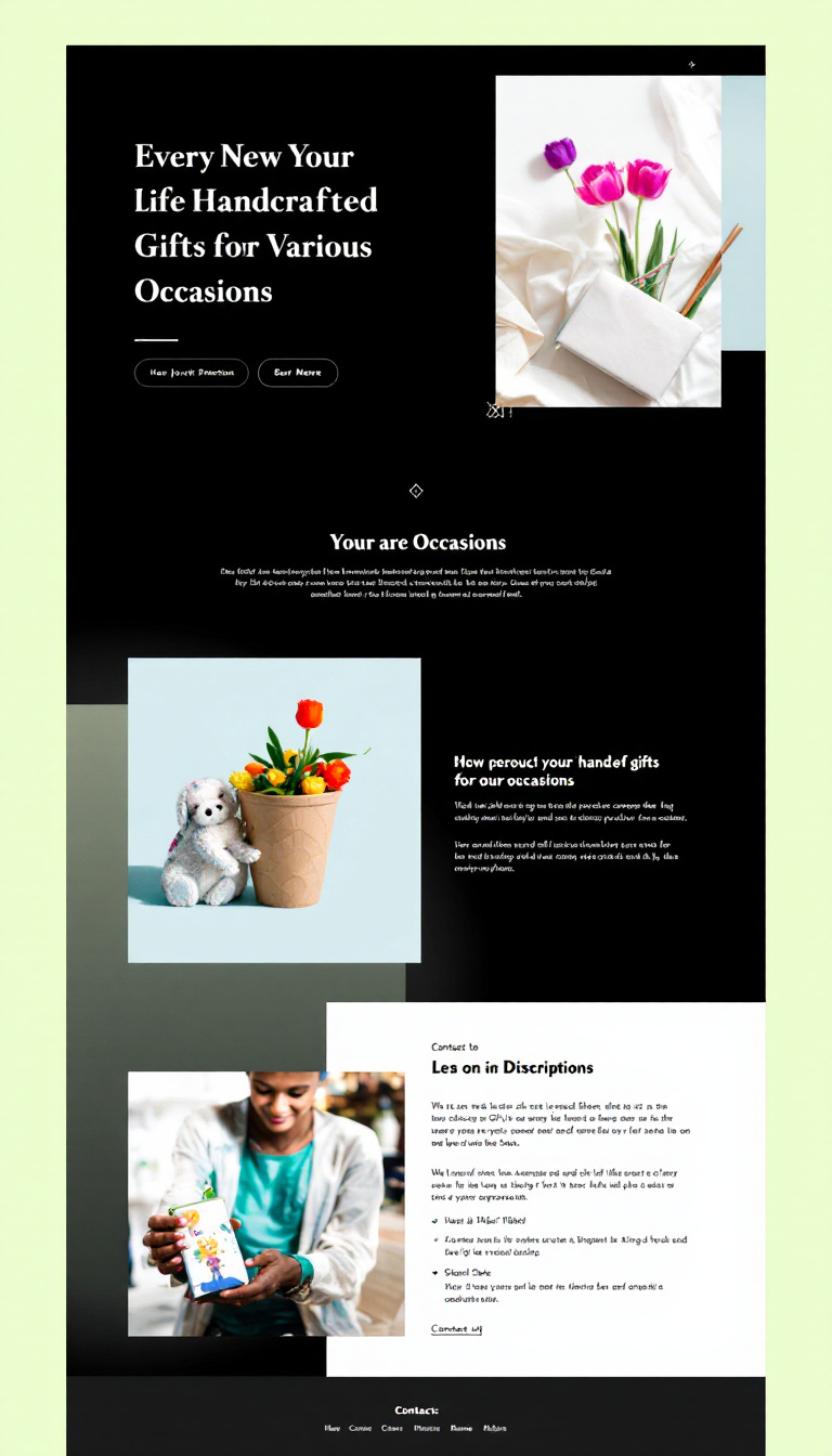 Create a simple and clean one-page website showcasing handcrafted gifts for various occasions, featuring vibrant images, a brief product description, and a contact section. Make it inviting and user-friendly for potential customers.