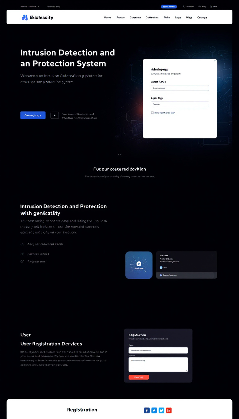 Create a simple one-page website design for an Intrusion Detection and Protection System. Include a homepage, an admin login section, and a user registration form, all in a clean and modern style.