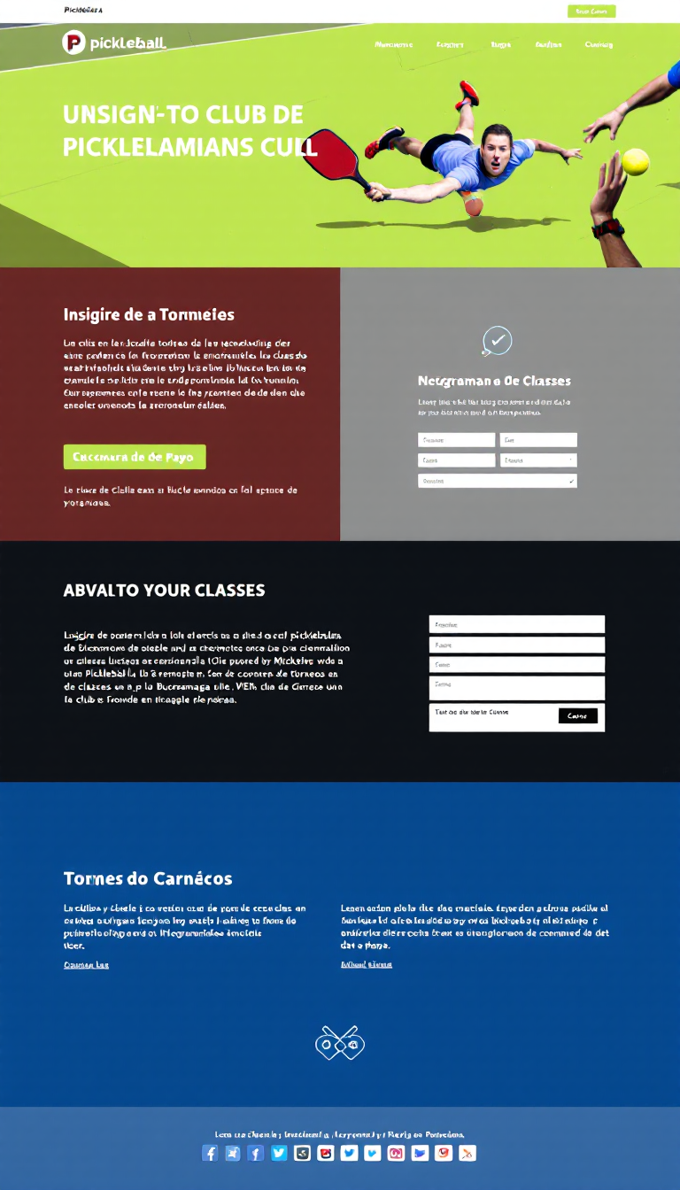 Crear una página web sencilla y limpia para inscribirse en torneos, clases y al club de pickleball en Bucaramanga, que incluya una sección de pago.