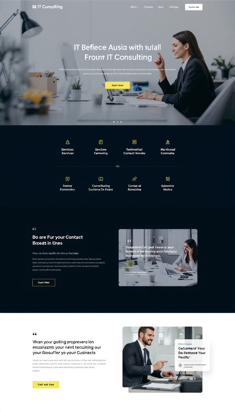 Design a simple, one-page website for an IT consulting business, featuring a professional layout with sections for services, testimonials, and contact information. Include a clean color scheme and modern typography to enhance readability.