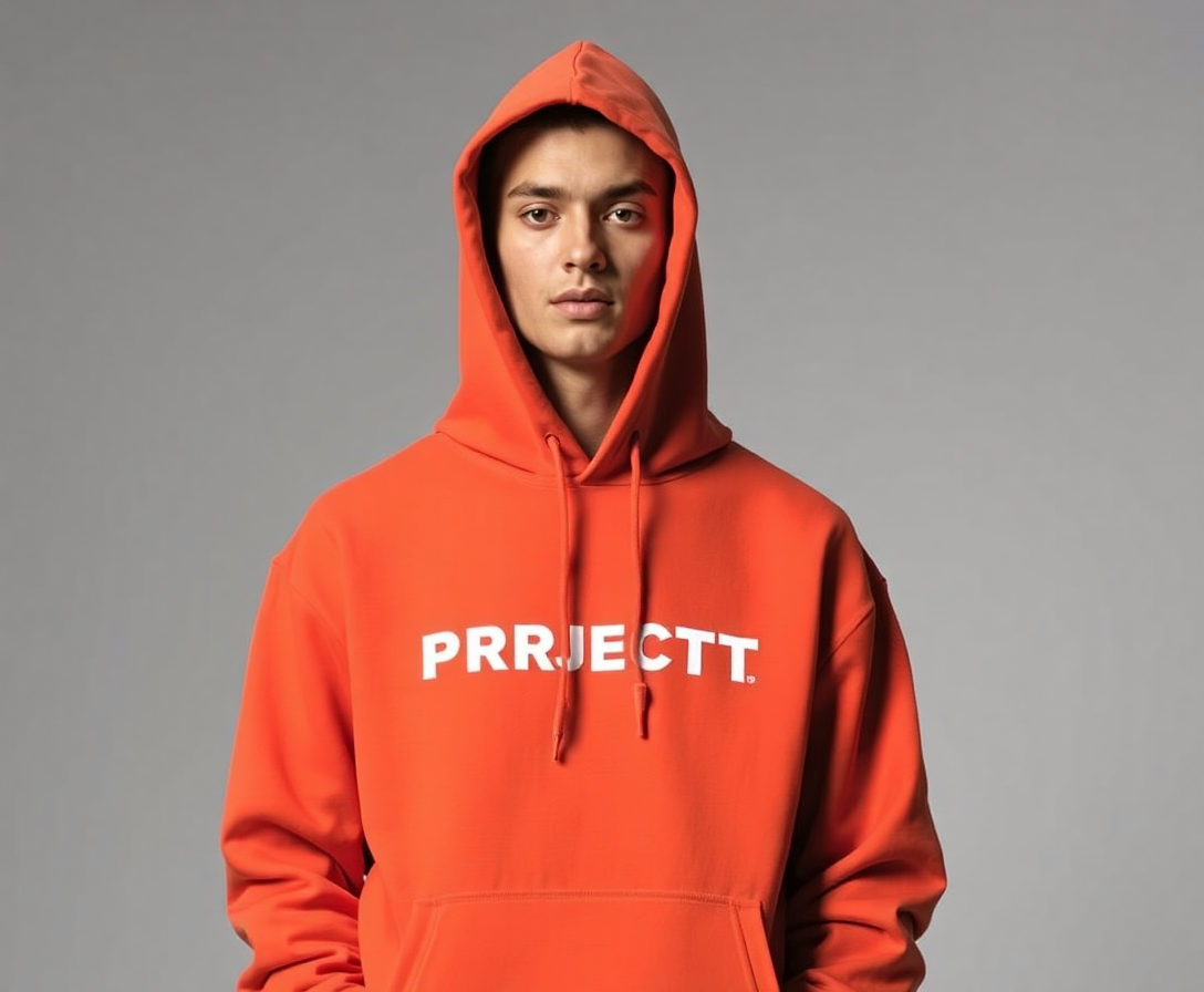 model wearing an orange hoodie from paddock project's latest collection