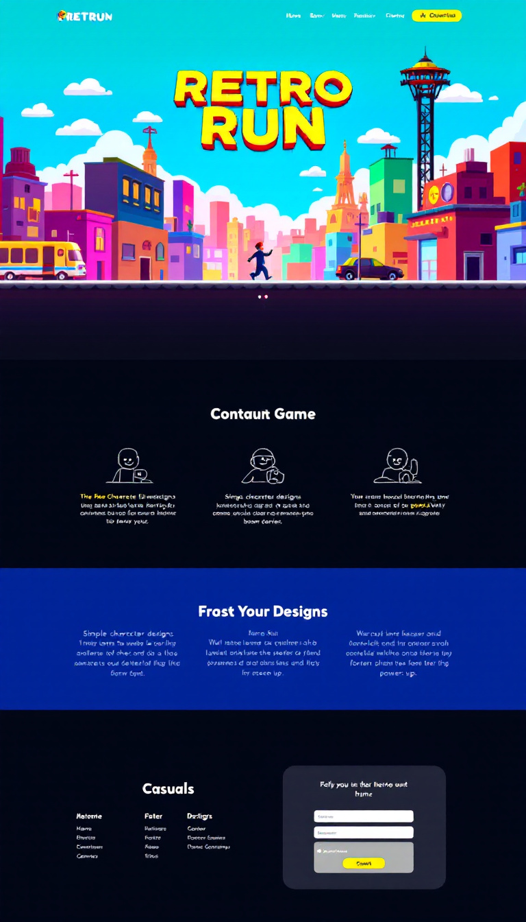 Design a one-page website for "Retro Run," a casual platformer game set in a colorful retro cityscape. Highlight simple character designs, various levels, obstacles, and power-ups that appeal to casual gamers.