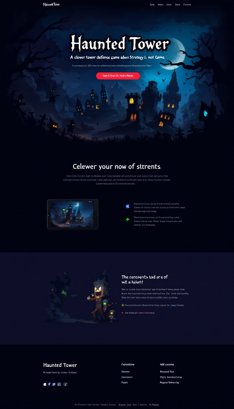Design a one-page website for the game "Haunted Tower," a 2D top-down tower defense game available on iPhone, Android, Steam, and web. Highlight the tagline: "A clever tower defense game about Strategy and not Gems."