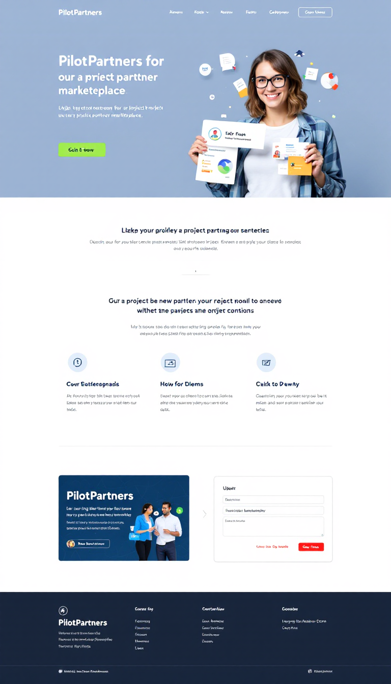 Design a simple, one-page website for "PilotPartners," a project partner marketplace. The layout should be clean and user-friendly, showcasing features, benefits, and a call-to-action for users to join or explore potential partnerships.