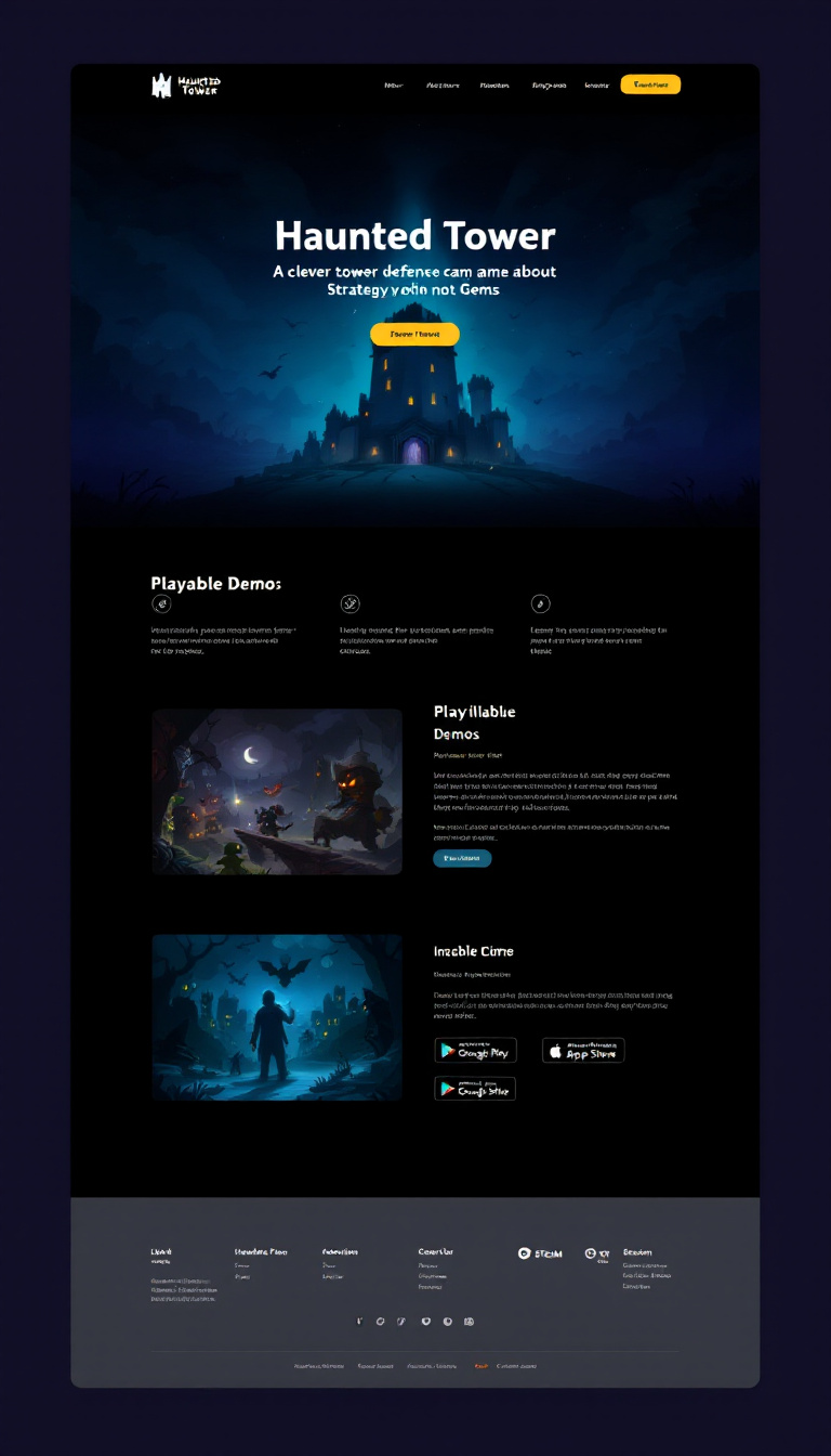 Design a one-page website for the game "Haunted Tower," featuring its tagline: "A clever tower defense game about Strategy and not Gems." Include sections for a playable demo, links to its availability on Google Play, Apple Store, and Steam.