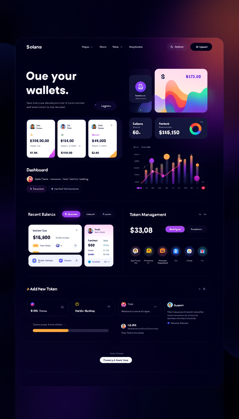 Create a modern UI for a Solana token management dashboard featuring a logo placeholder, navigation menu (Dashboard, Transactions, Send Tokens, Settings), and a user profile with logout. Display wallet balances in sleek cards, recent transactions, an "Add New Token" button, and an interactive token management panel with trendy visuals. Include a footer with links to support and social media, using Solana's brand colors and a responsive, futuristic design.