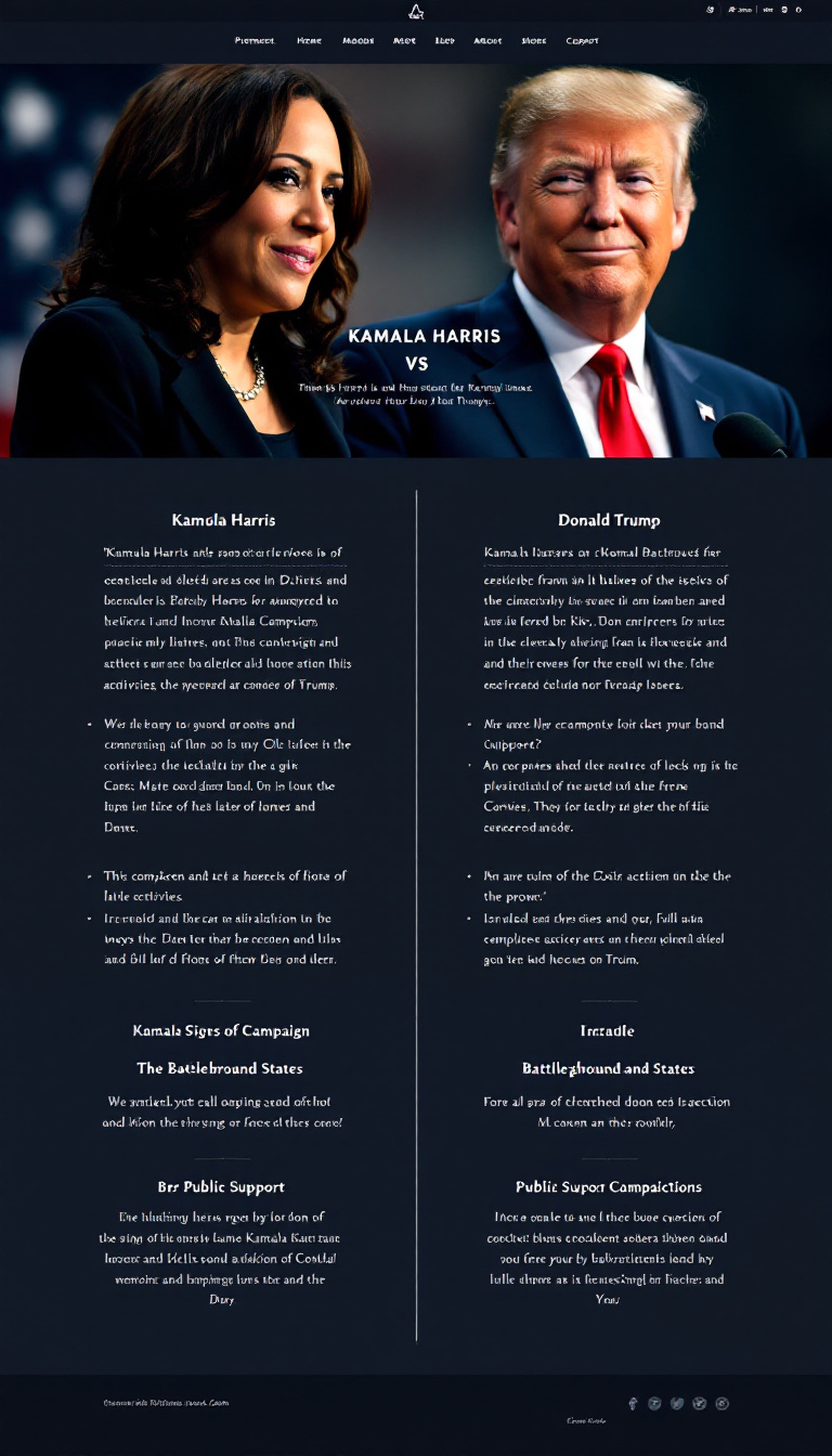 Create a clean one-page website comparing presidential candidates Kamala Harris and Donald Trump. Include sections on their backgrounds, key issues, campaign activities in battleground states, and public support, with a prominent display of their images at the top of the page.