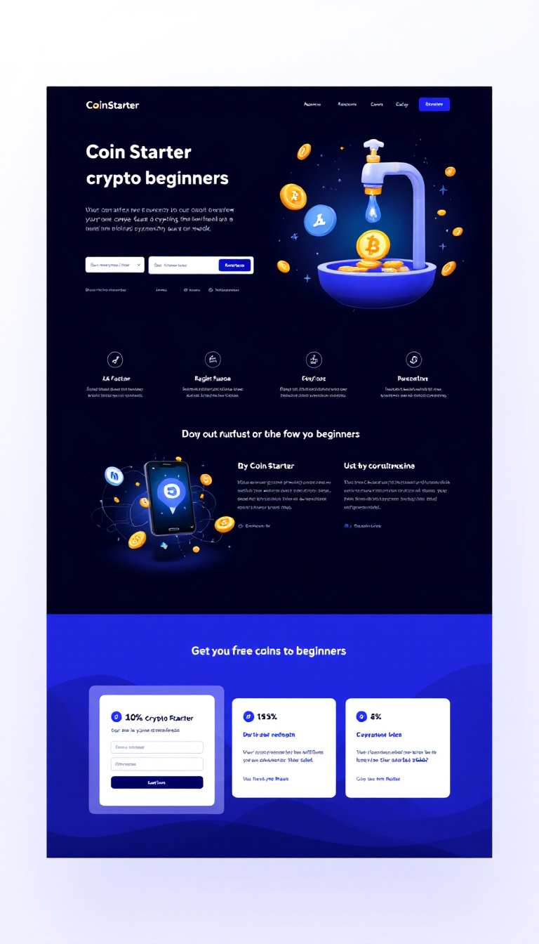 Design a simple one-page website titled 'CoinStarter' for a crypto faucet that distributes free coins to beginners. The website should feature user registration, a professional layout, and easy navigation tailored for newcomers to the cryptocurrency world.