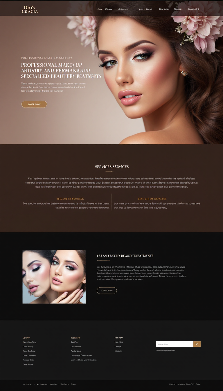 Create a clean, one-page website design for "Dio's Gracia," showcasing professional makeup artistry, permanent makeup, and specialized beauty treatments. The layout should be elegant and visually appealing, highlighting the services offered.