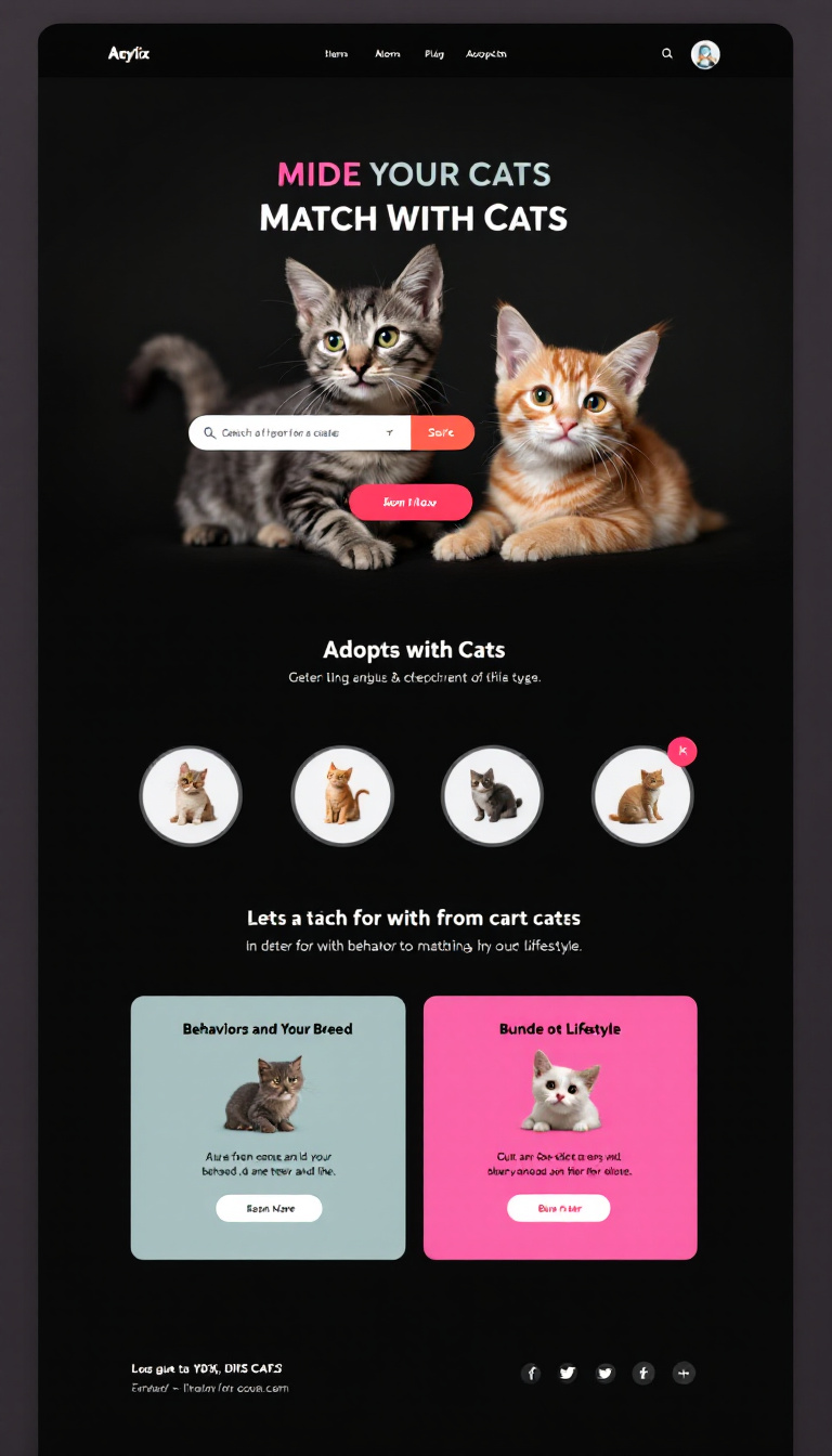 Design a one-page adoption website where potential adopters can match with cats based on behavior, breed, and their lifestyle, similar to dating apps like Tinder and Bumble. The layout should be simple and clean, focusing on user-friendly navigation and engaging visuals of the cats.