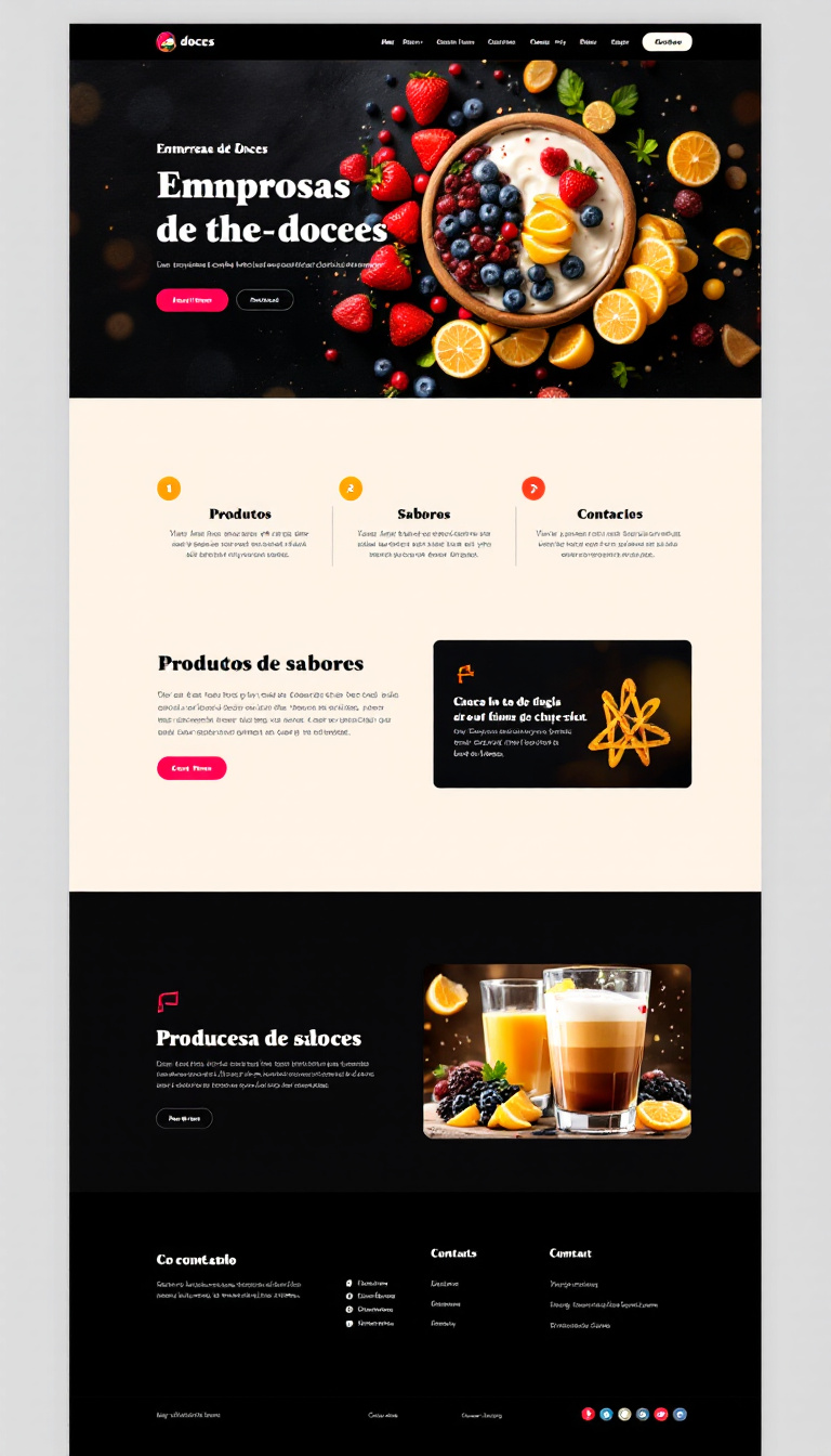 Uma página simples e limpa para uma empresa de doces, destacando produtos, sabores e informações de contato. Utilize um design atrativo e cores vibrantes que remetam a doces.