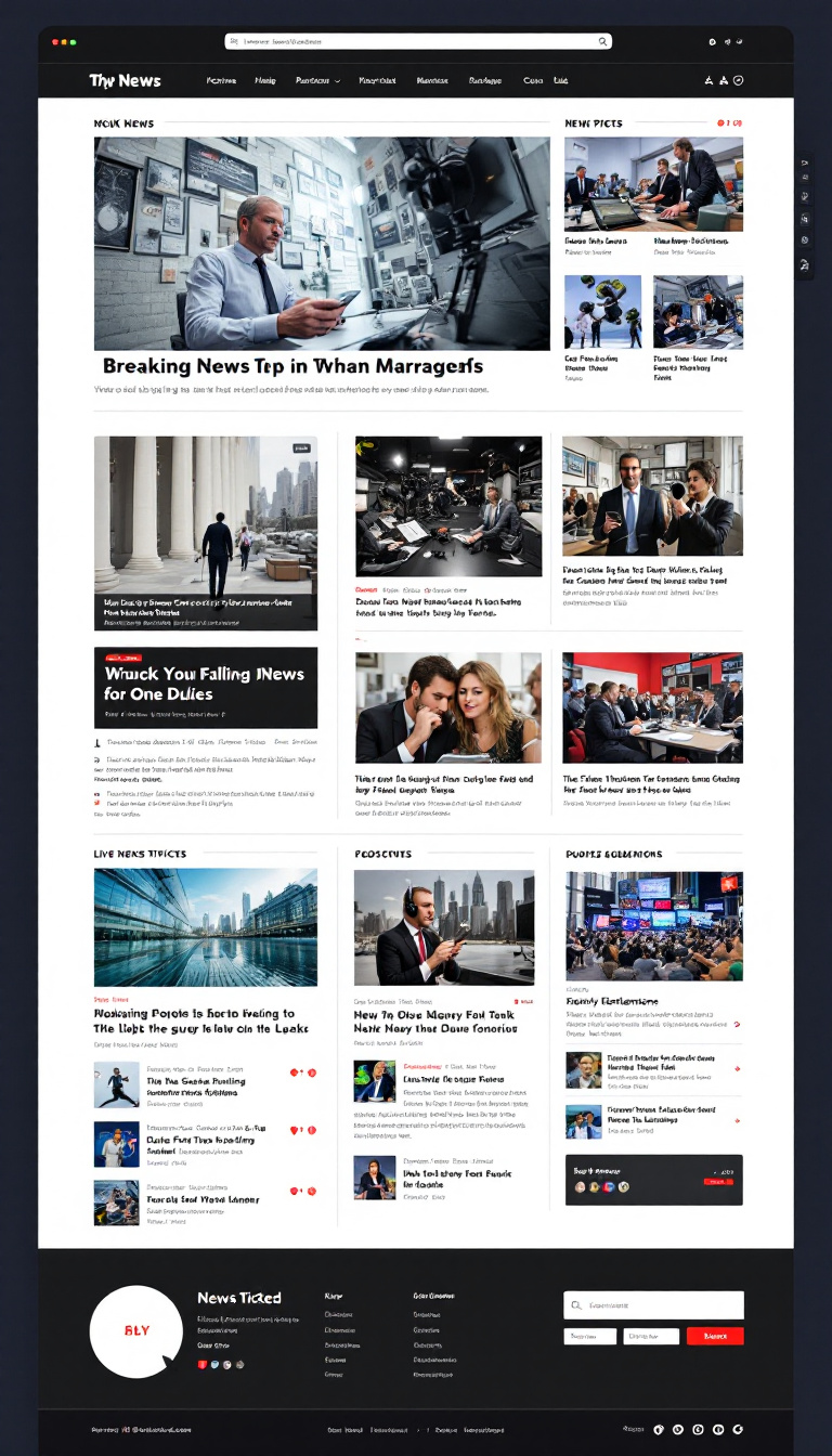 Design a one-page news website that features a prominent breaking news section, categorized topics like Politics, Sports, and Entertainment, and a live news ticker. Prioritize fast loading times, mobile responsiveness, and easy navigation, with user engagement through comments and polls, alongside multimedia elements like images, videos, and podcasts. Include options for content personalization and subscription services, while ensuring ad placements are non-intrusive.