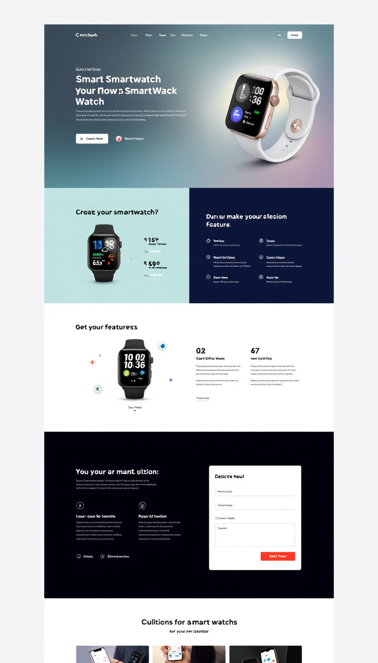 Design a clean and modern one-page landing website to showcase and sell a smartwatch. Include eye-catching visuals, key features, pricing, and a call-to-action button for purchases.