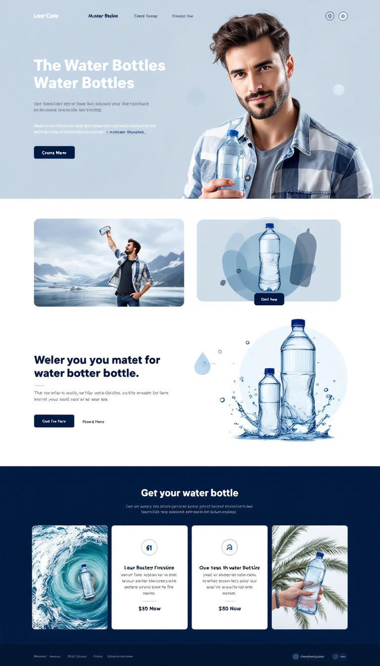 Create a one-page website design for a water bottle advertisement business, featuring a man holding a stylish water bottle as the focal point. The layout should be clean and simple, highlighting the product effectively.