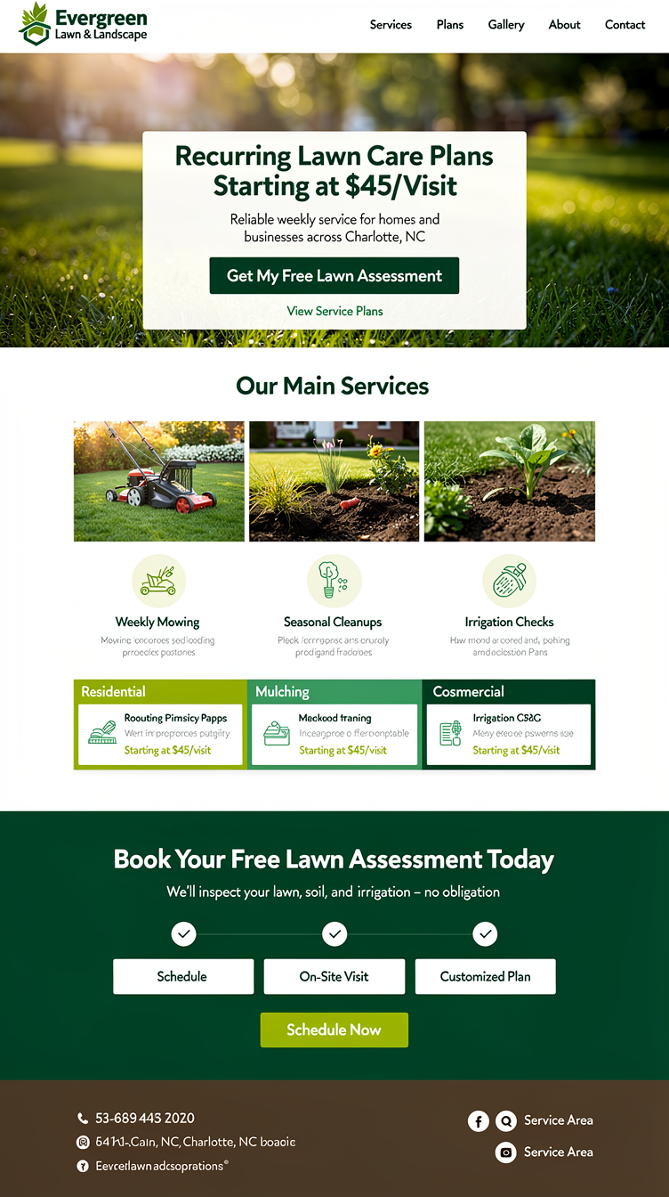 One-page homepage design for Evergreen Lawn & Landscape (Charlotte, NC) promoting recurring lawn care plans starting at $45/visit for residential and commercial, highlighting weekly mowing, seasonal cleanups, mulching, and irrigation checks; photography-forward layout with fresh, healthy aesthetic in deep greens and soil browns. Include a prominent recurring-plan pitch, clear section for main services, and a bold free lawn assessment call-to-action.