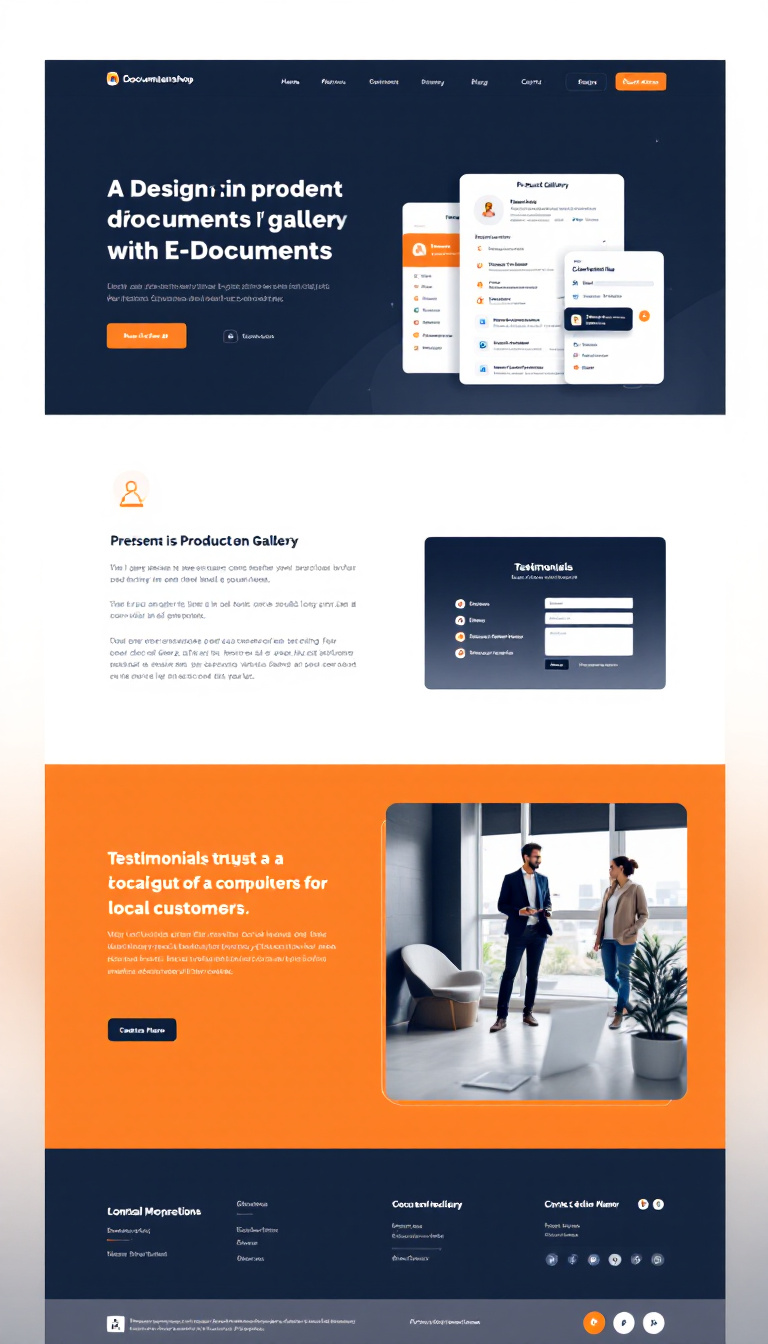 Design a modern one-page website for Documentenshop, featuring a product gallery for E-documents, a contact form for inquiries, and a testimonials section to establish trust with local customers. The layout should be simple and visually appealing, targeting a local audience.