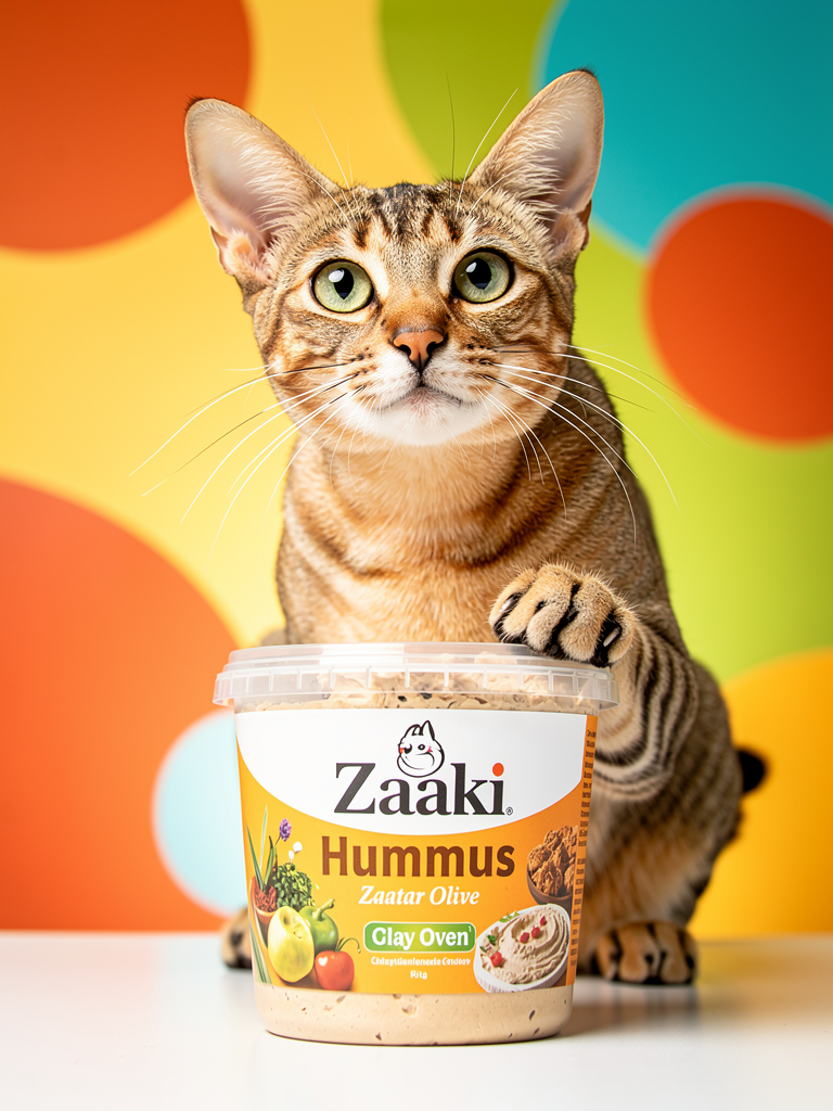 An energetic Arabian Mau cat (Pita) playfully "approving" a container of Zaaki hummus. The cat is sitting upright with large, alert ears and green eyes. Shot with a low-angle lens to make the cat look "confident." Saturated Clay Oven and Zaatar Olive brand colors in the background. High-resolution fur detail. --ar 4:5