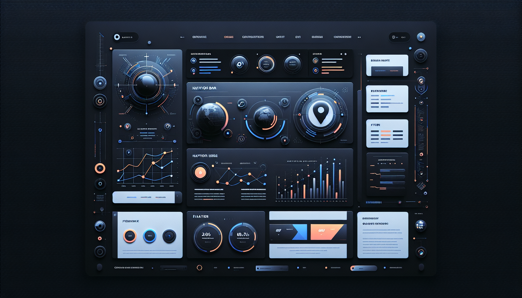 Create a website layout similar to the provided image, featuring a dark theme with sections for a navigation bar, header, filters, and multiple charts. The design should include a prominent title, a logo, and a background image that resembles the one in the specified link. Use modern web design elements and ensure the layout is clean and user-friendly.