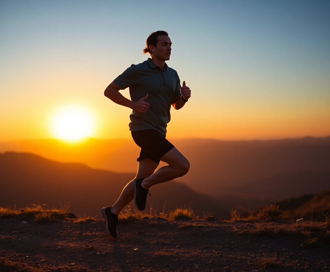 professional athlete in training gear running intensely against a mountain backdrop during sunset