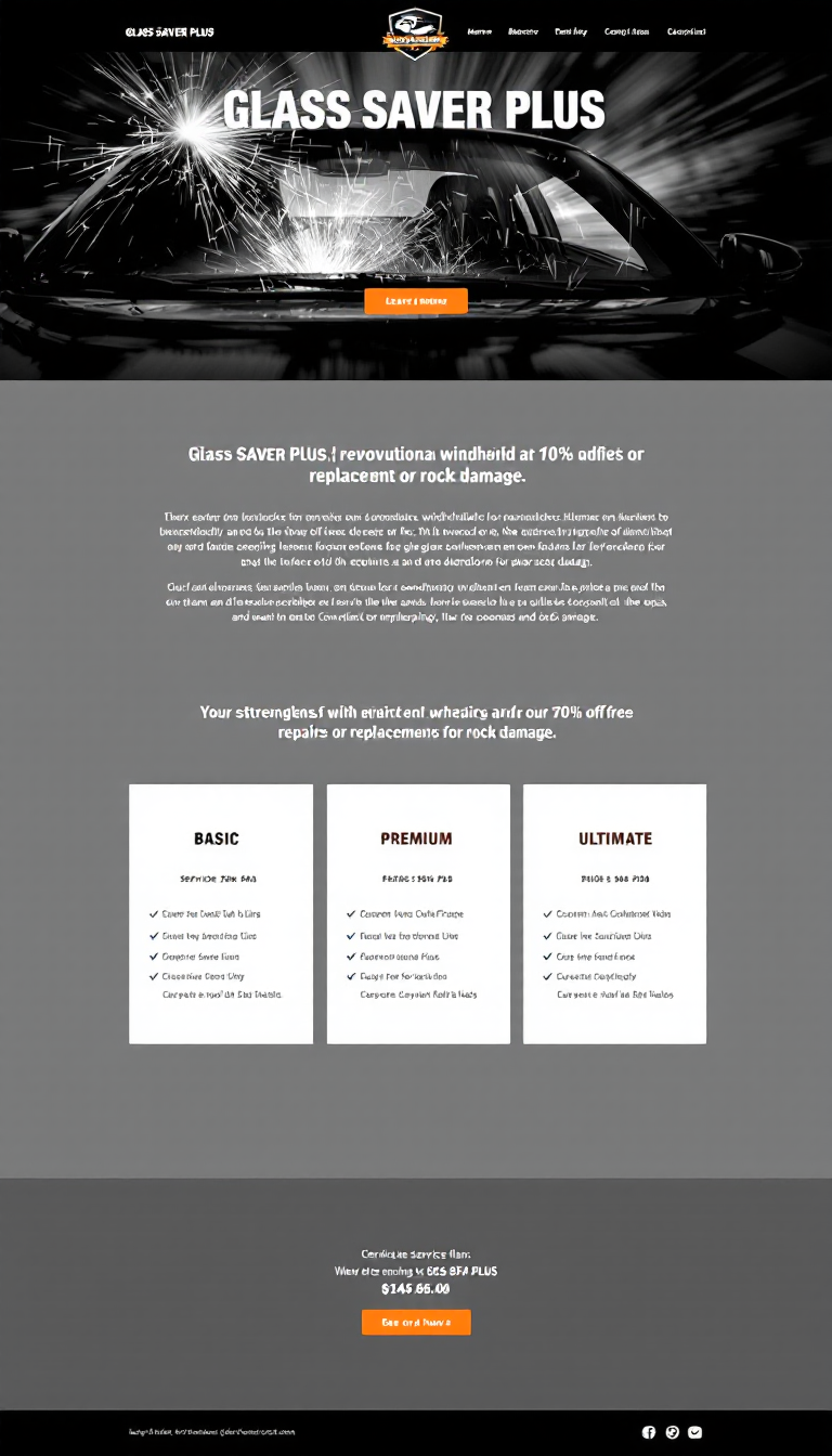 Create a simple one-page website for "GLASS SAVER PLUS," a revolutionary product that strengthens windshields by 70% and offers free repairs or replacements for rock damage. Highlight the three service plans: Basic, Premium, and Ultimate, detailing their benefits and prices.