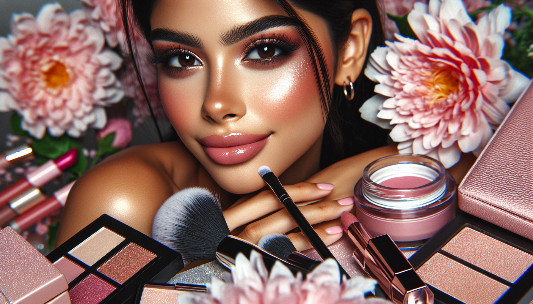 Joven modelo con maquillaje suave y radiante, rodeada de productos de maquillaje cute y flores rosadas