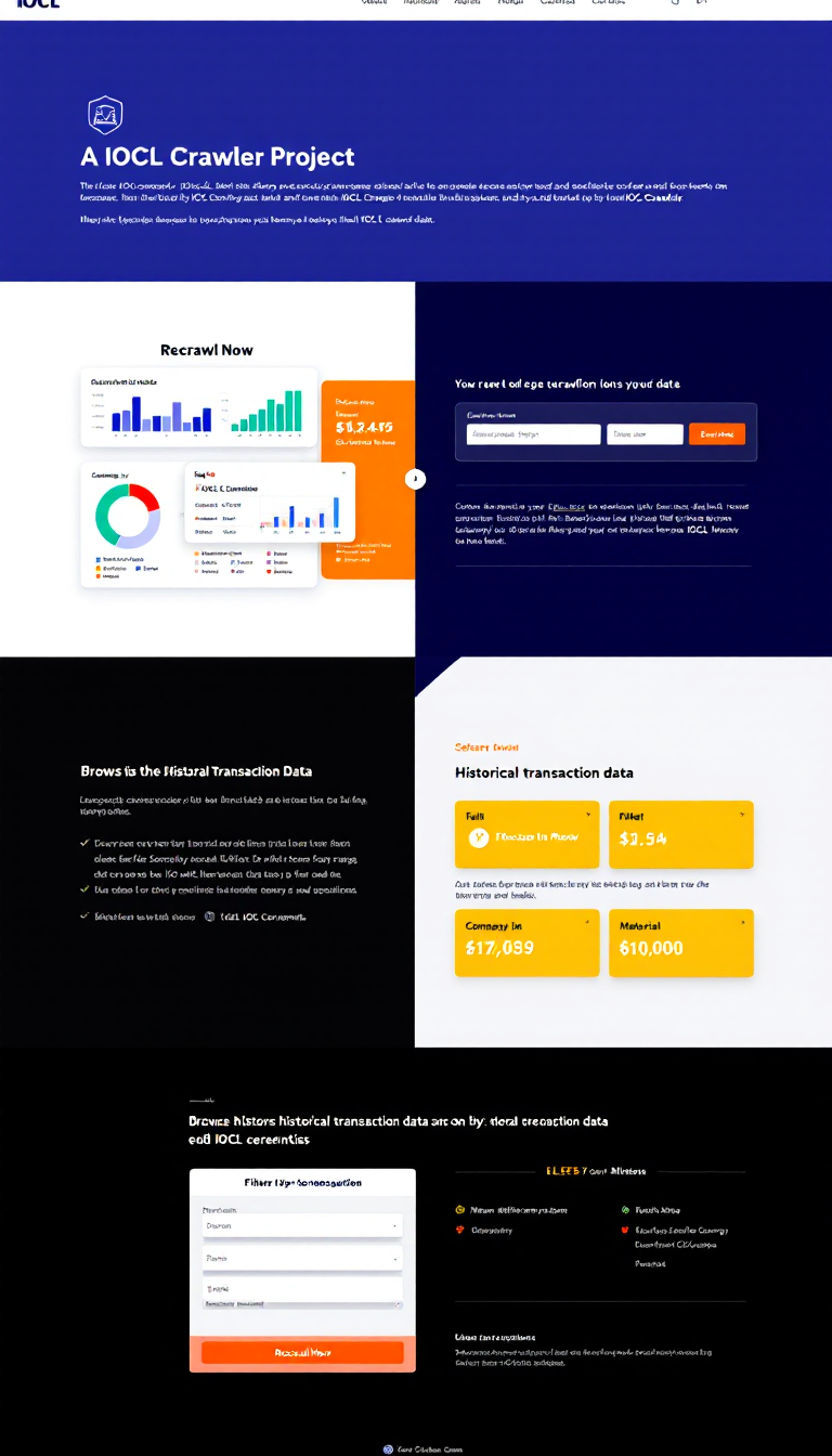 Create a clean and user-friendly one-page website for the IOCL Crawler project, featuring an interactive homepage with charts displaying transaction data, a prominent “Recrawl Now” button, and a secure modal to edit IOCL credentials. Include filters for browsing historical transaction data, with options for date range, company, and material, along with a responsive design and professional visual style.