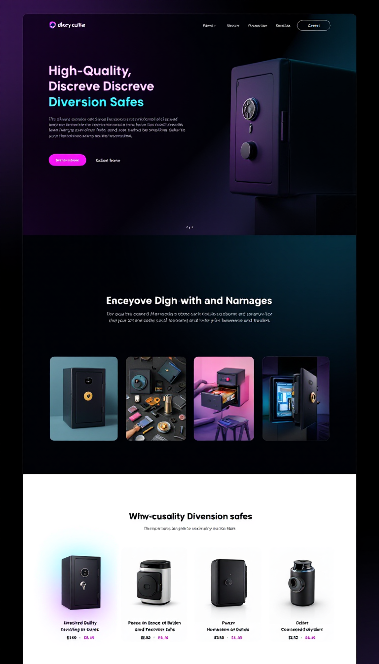 Create a dark-themed one-page website for an online store featuring high-quality, discreet diversion safes that blend into everyday items. Use vivid purple, cyan, and pink colors to highlight innovative designs that offer security and peace of mind for homeowners and travelers.