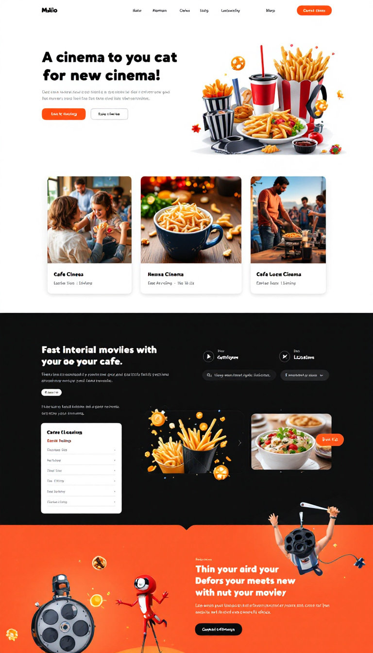 Design a simple one-page website for a local cinema with multiple locations and an integrated café. The layout should be clean and user-friendly, showcasing movie listings and café offerings.