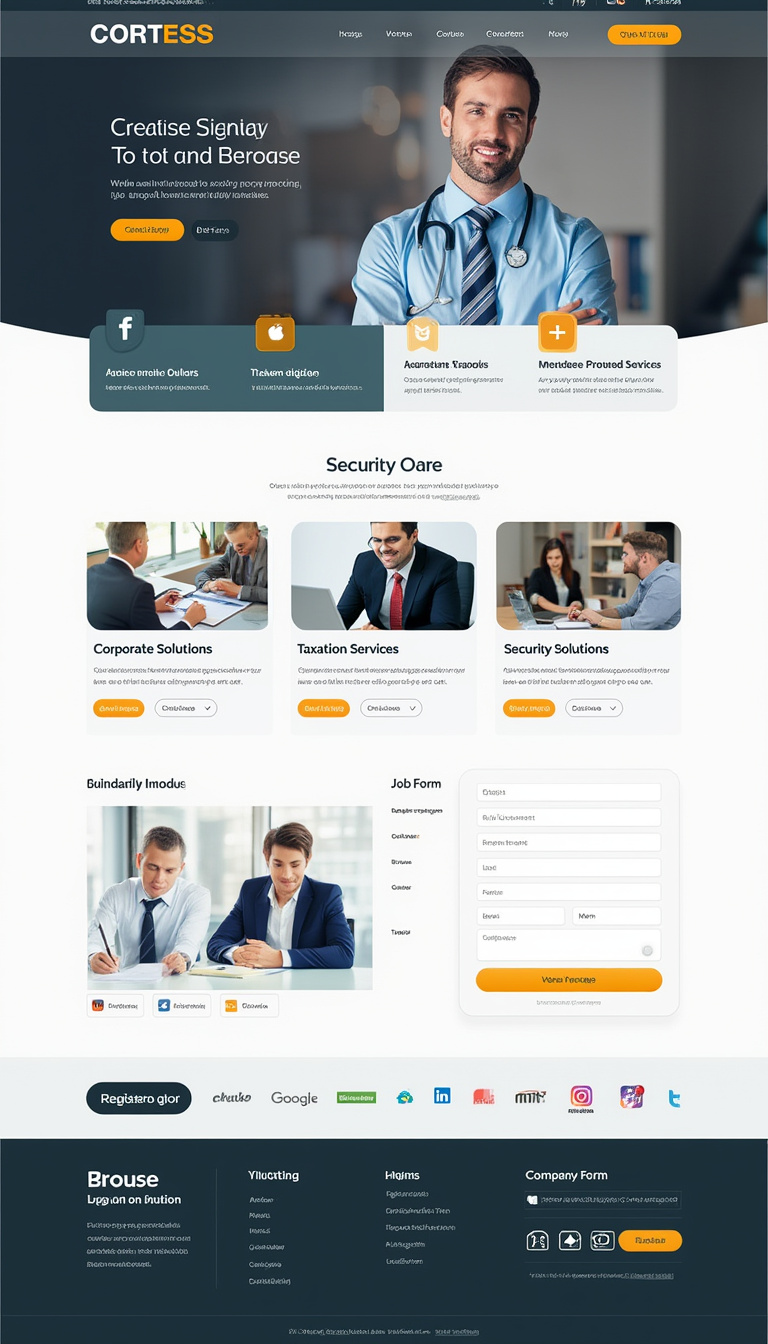 Design a professional one-page website for CORTESS that showcases services such as Corporate Solutions, Taxation Services, and Security Solutions. Include a Job Form for document uploads, a Registration Form, company logo, and links to social media platforms like Facebook, LinkedIn, X, Instagram, and WhatsApp.