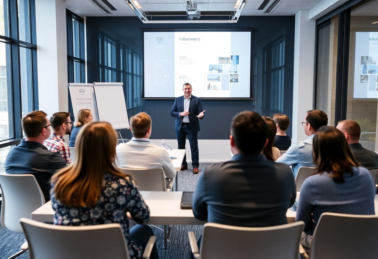 a trainer presenting to a group in a modern conference room