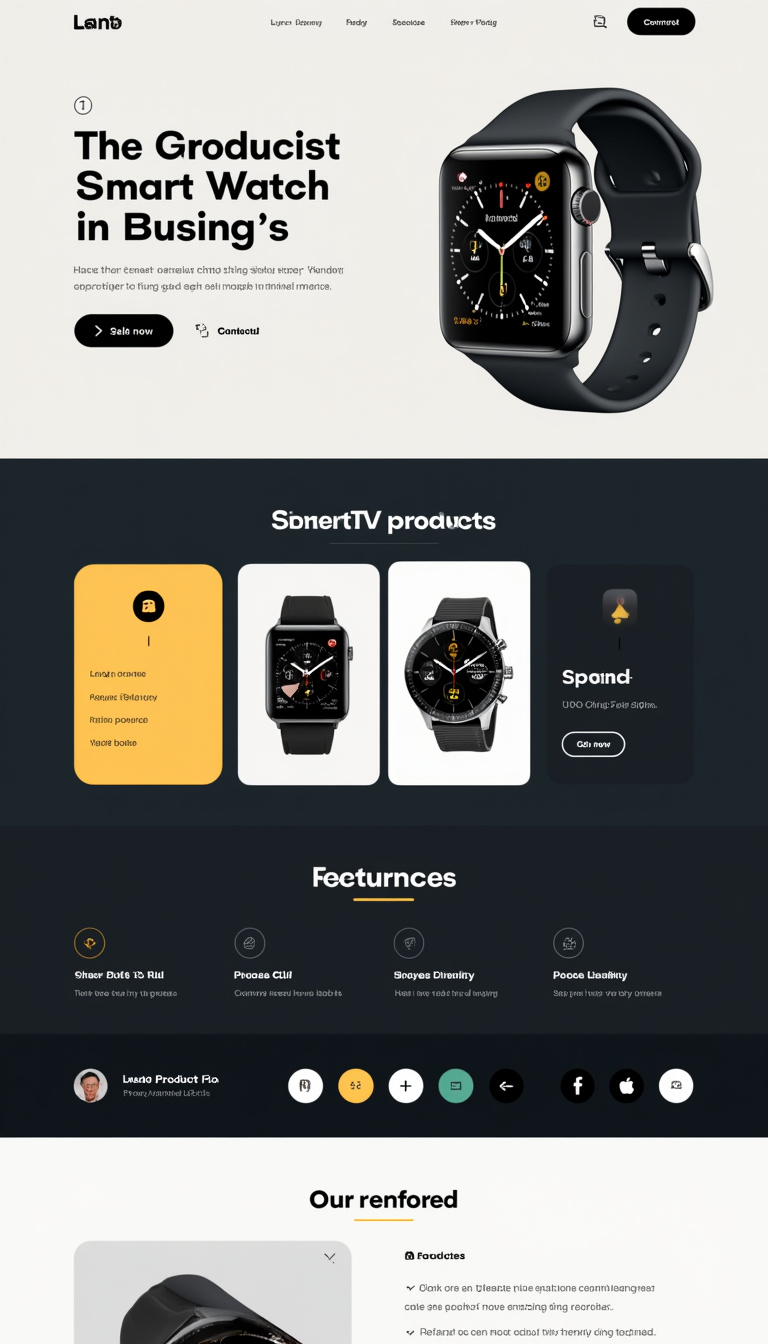 Design a simple and clean one-page landing website for selling a smart watch, featuring a sleek design, product images, key features, and a call-to-action button.