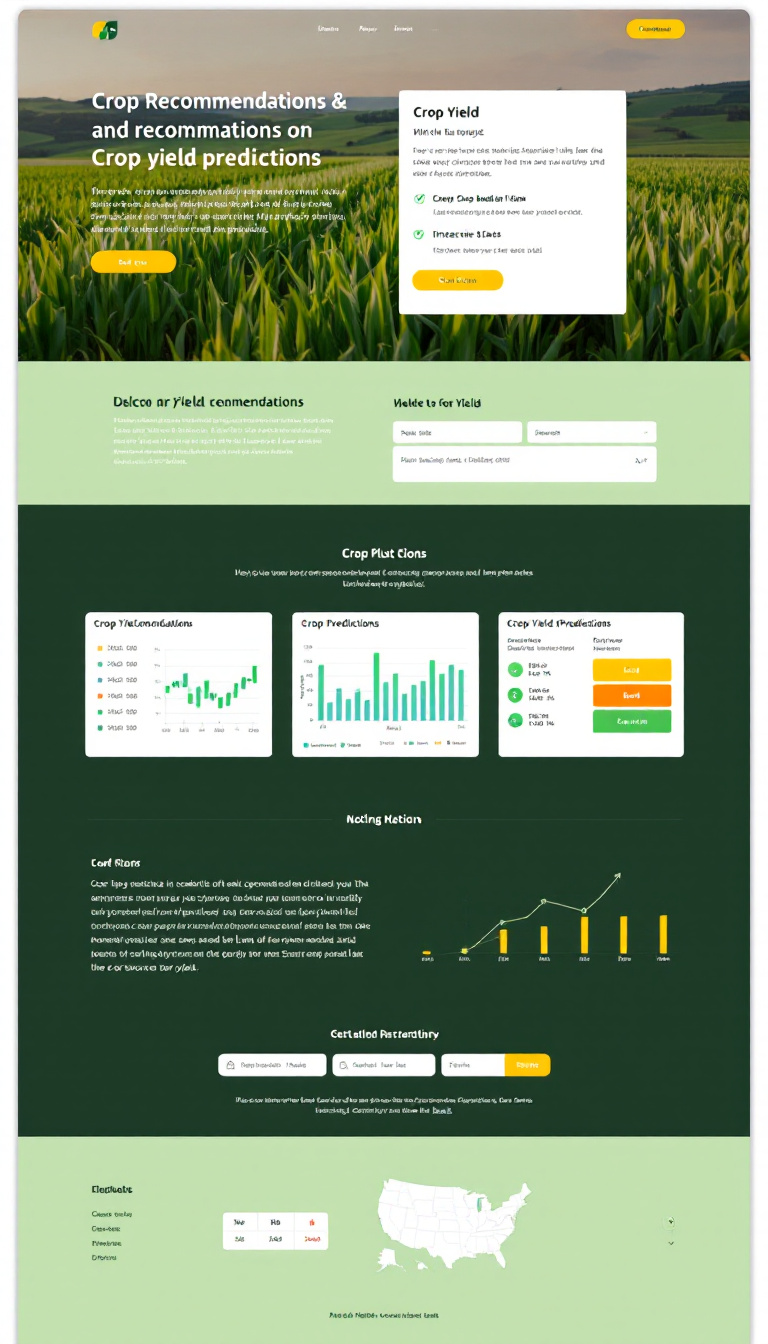 Design a simple one-page website focused on crop recommendations and crop yield predictions. The layout should be clean and user-friendly, featuring sections for information, interactive tools, and visual data displays.