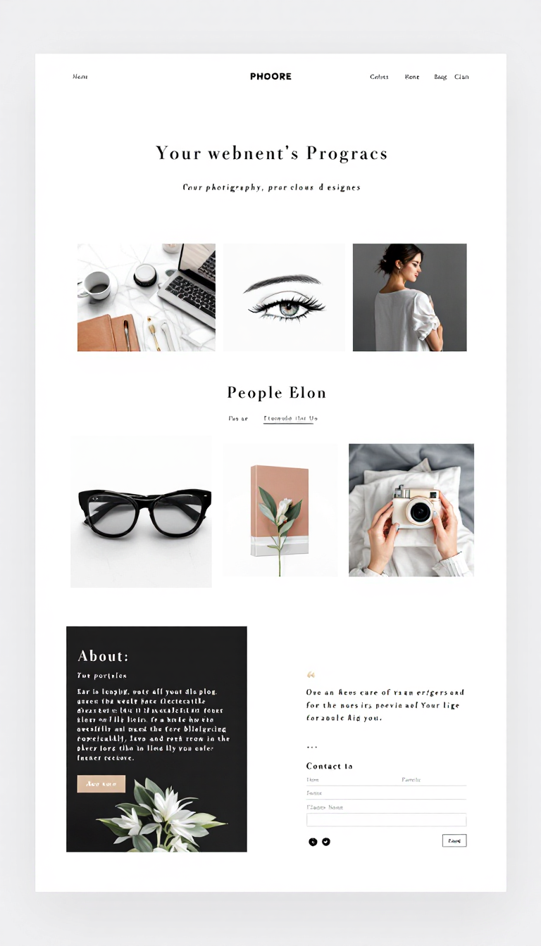 Design a simple and clean one-page website for a photography business, featuring a stylish layout to showcase a portfolio, an about section, and contact information. Use elegant typography and a minimalist color palette to enhance visual appeal.