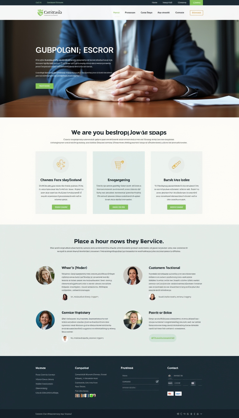 Design a clean and simple one-page website for an escrow service. Include sections for services offered, customer testimonials, and contact information.