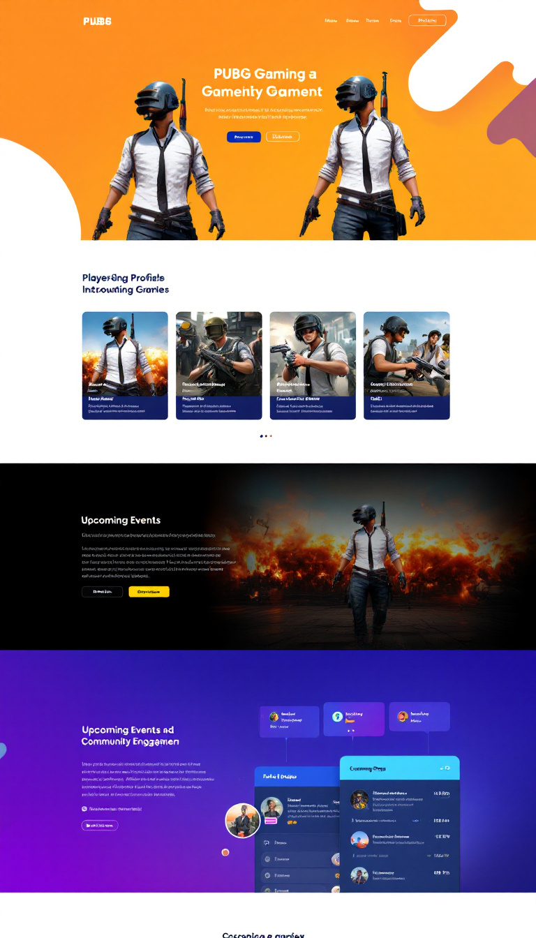 Design a sleek and professional one-page website for PUBG gaming, featuring sections for game highlights, player profiles, upcoming events, and community engagement. Include an engaging color scheme and user-friendly navigation.
