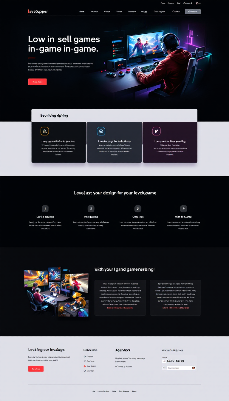 Design a sleek one-page website for selling video game in-game services, inspired by levelupper.com. Focus on a modern layout, engaging visuals, and clear service offerings to attract gamers.