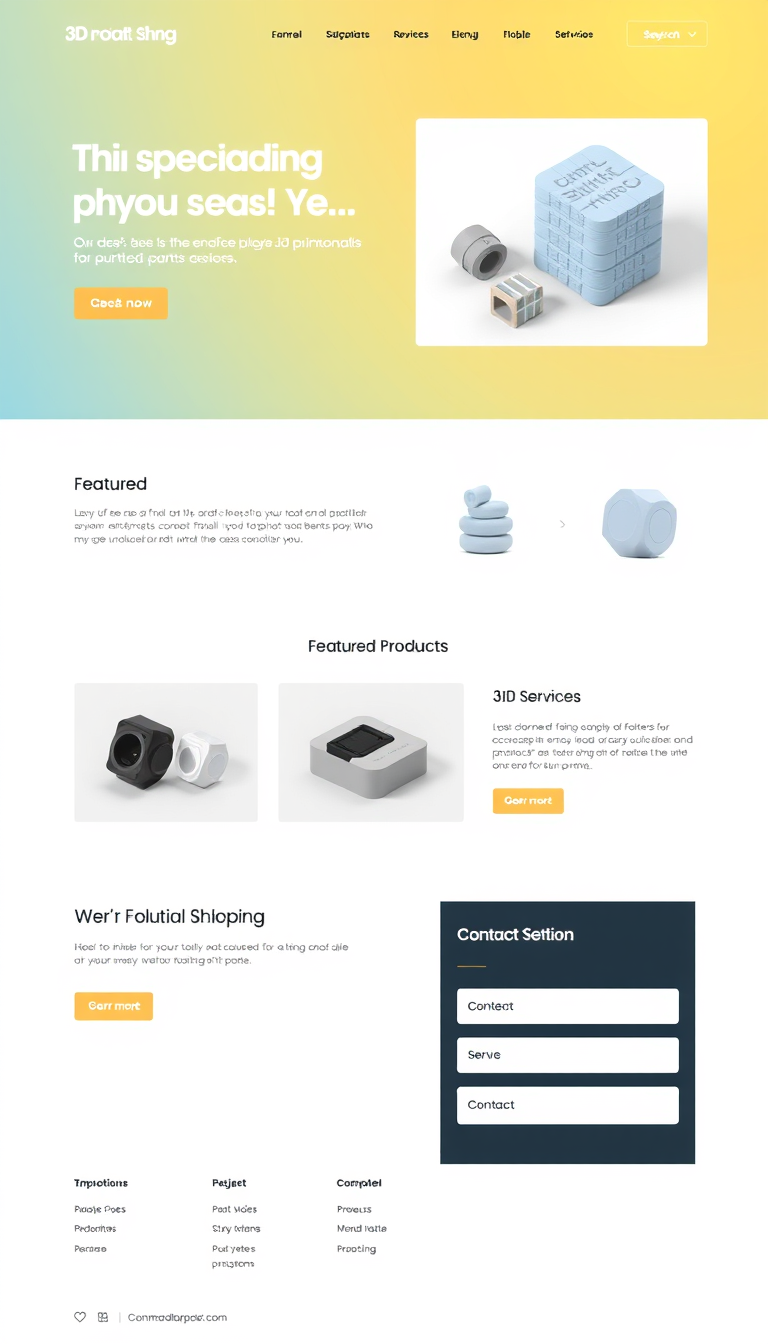 Design a clean and simple one-page website for a shop specializing in selling 3D printed parts, showcasing featured products, services, and a contact section. Use a modern layout with a focus on user-friendly navigation.
