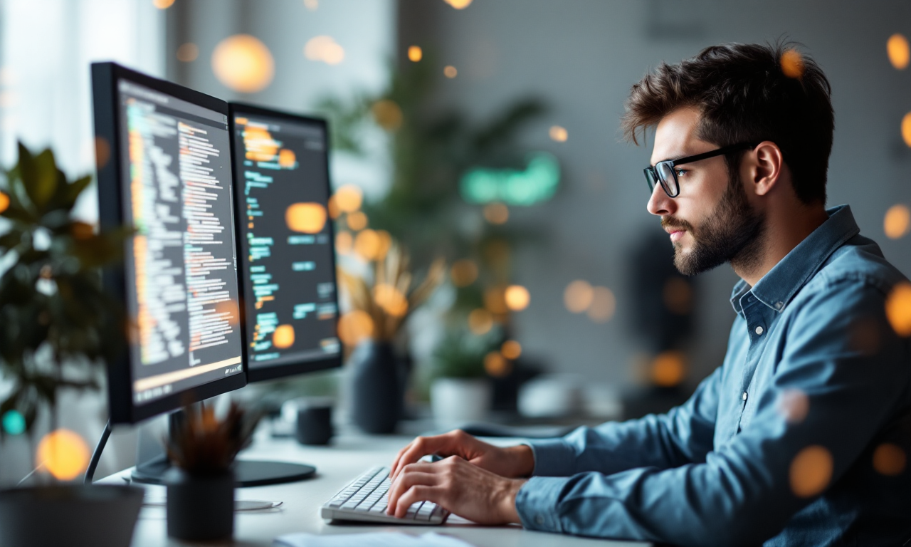 a male programming at a computer abstract