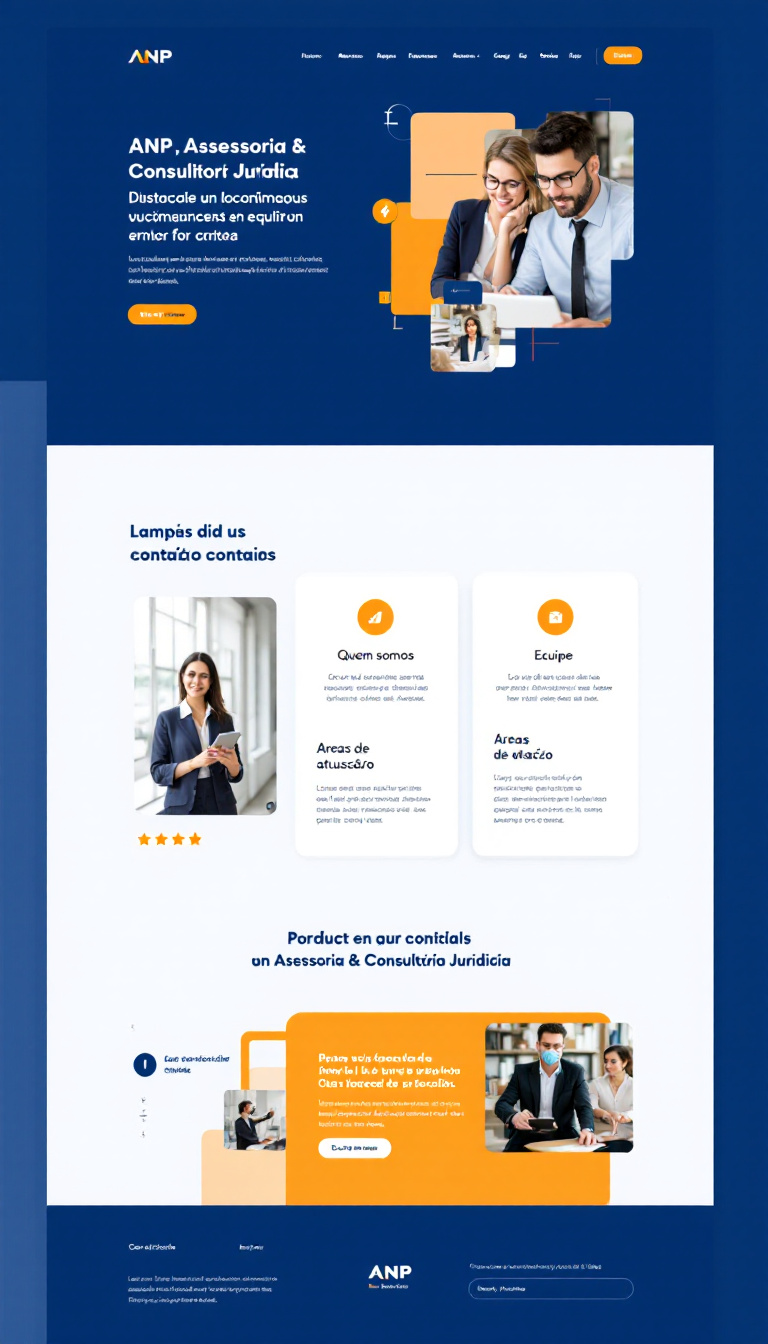 Crie um site de uma página para a ANP Assessoria & Consultoria Jurídica, utilizando as cores azul, laranja e branco. As seções devem incluir "quem somos", "equipe", "áreas de atuação" e um formulário de contato, com um design que integre imagens profissionais e transmita confiabilidade e ética.